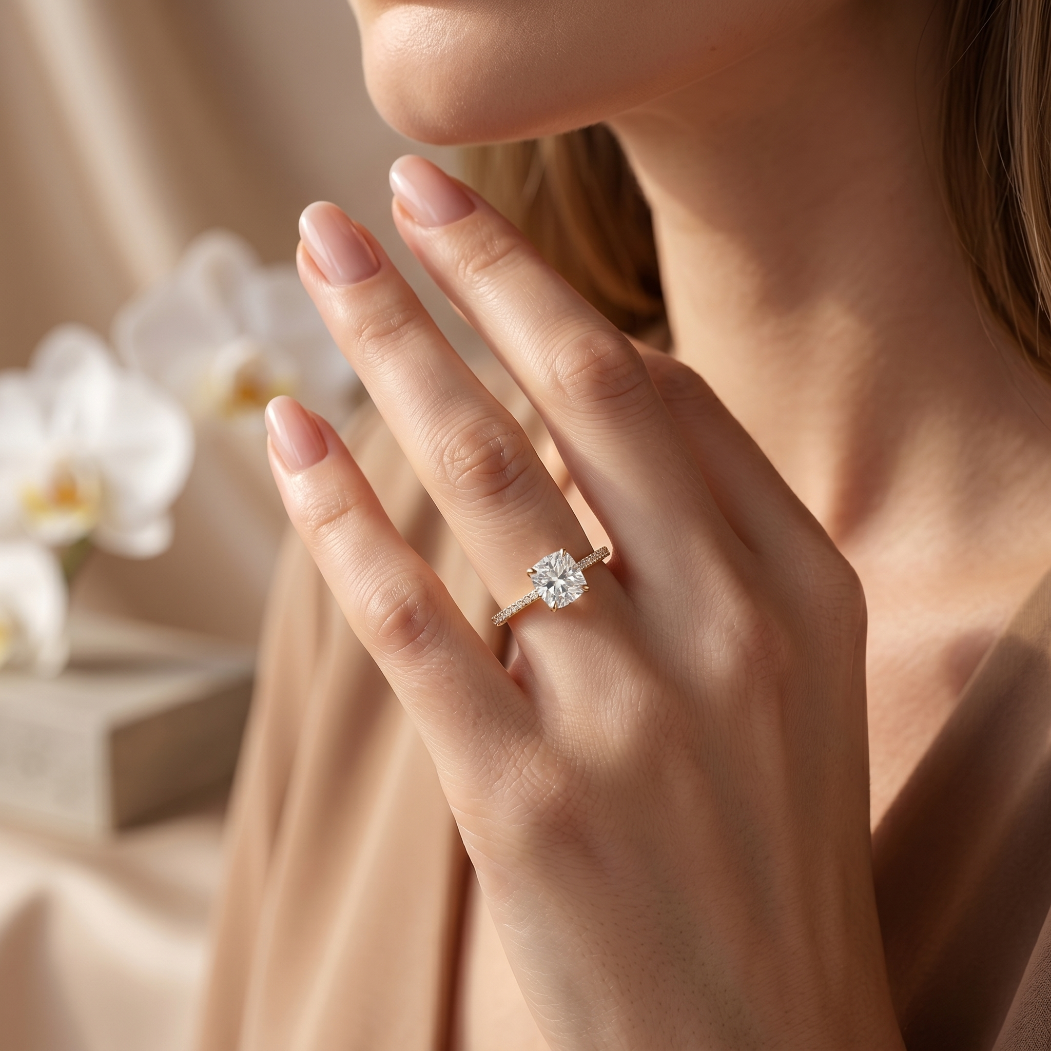 A detailed close-up of a cushion-cut yellow gold moissanite engagement ring worn on a woman's hand.