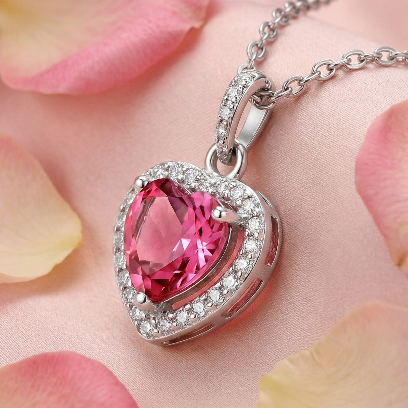Angled macro view of the Valentis Heart necklace in sterling silver with a vivid raspberry heart-cut pink tourmaline.