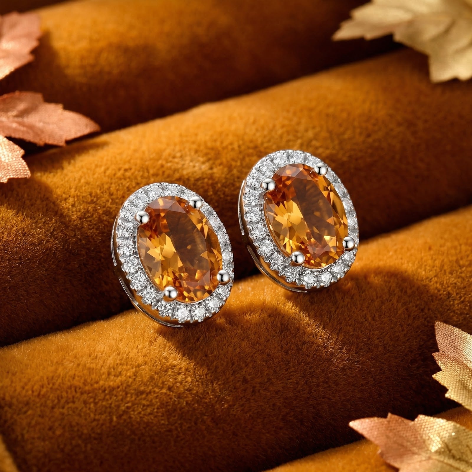 Oval honey-colored simulated topaz halo stud earrings in S925 sterling silver on brown velvet with autumn leaves.