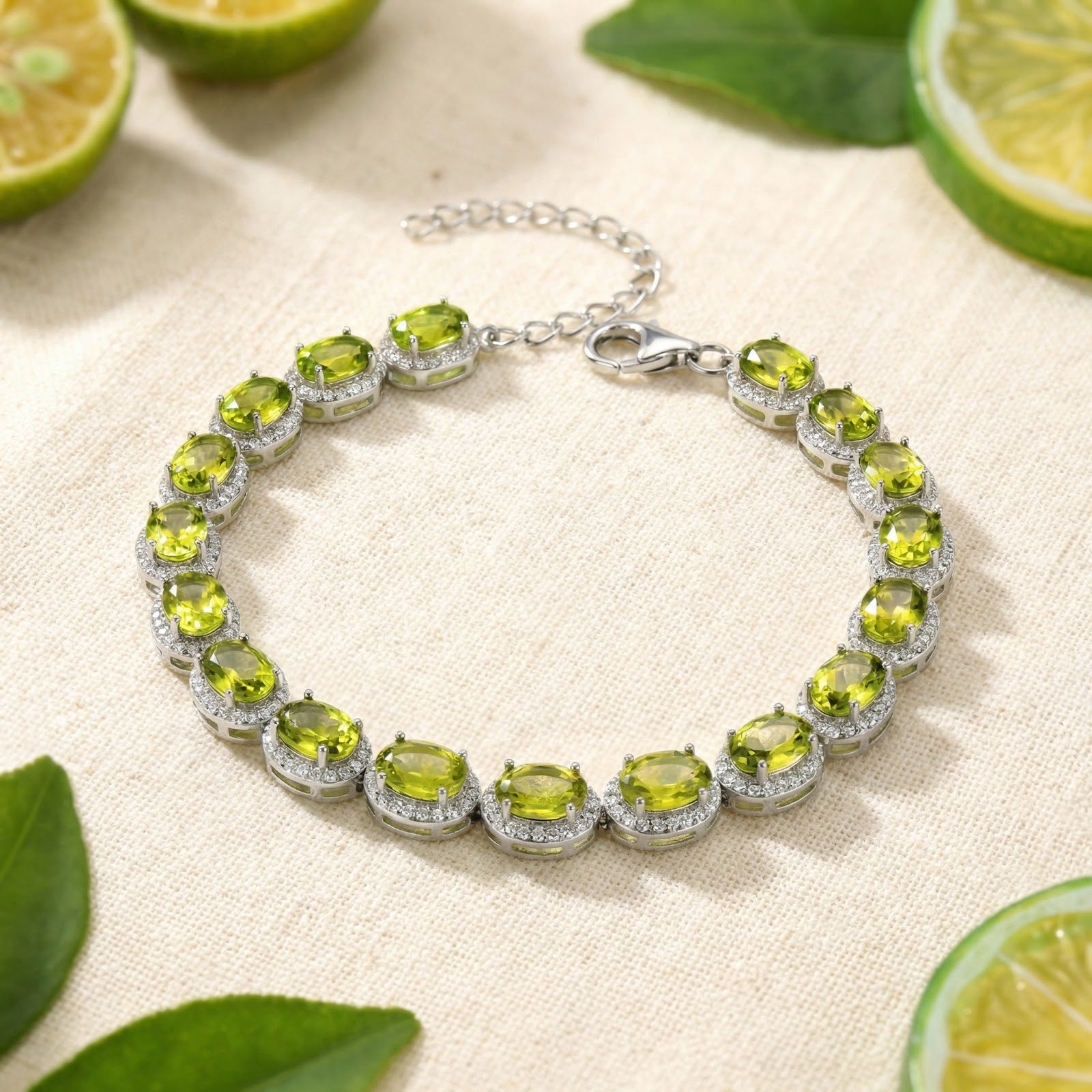 Oval cut simulated peridot tennis bracelet in sterling silver styled with lime slices on a textured background.