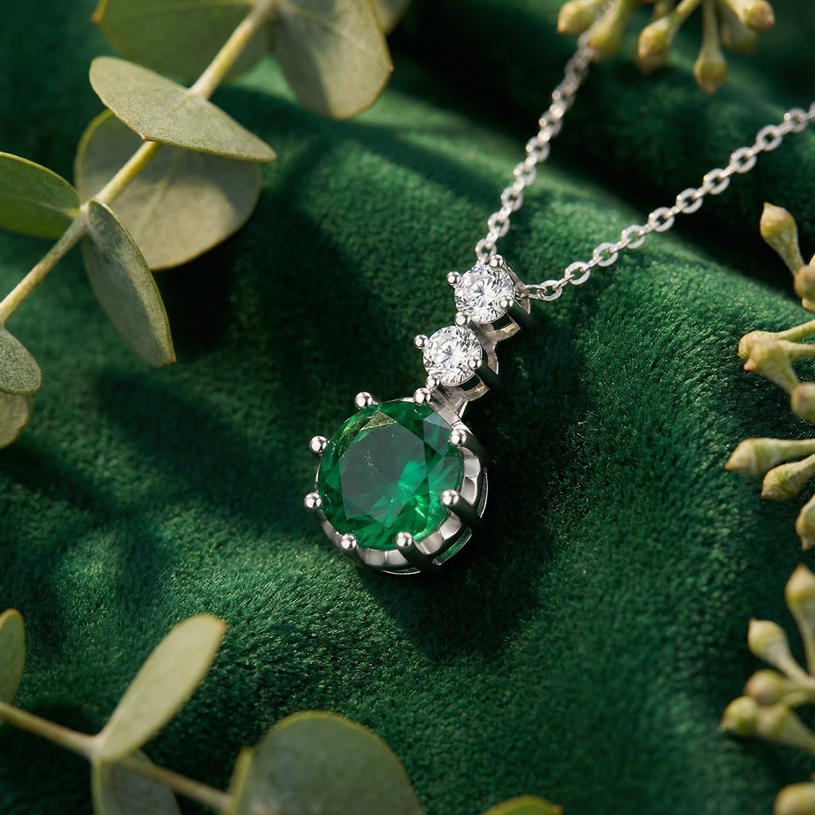 Round cut simulated emerald necklace in S925 sterling silver on green velvet with eucalyptus leaves.
