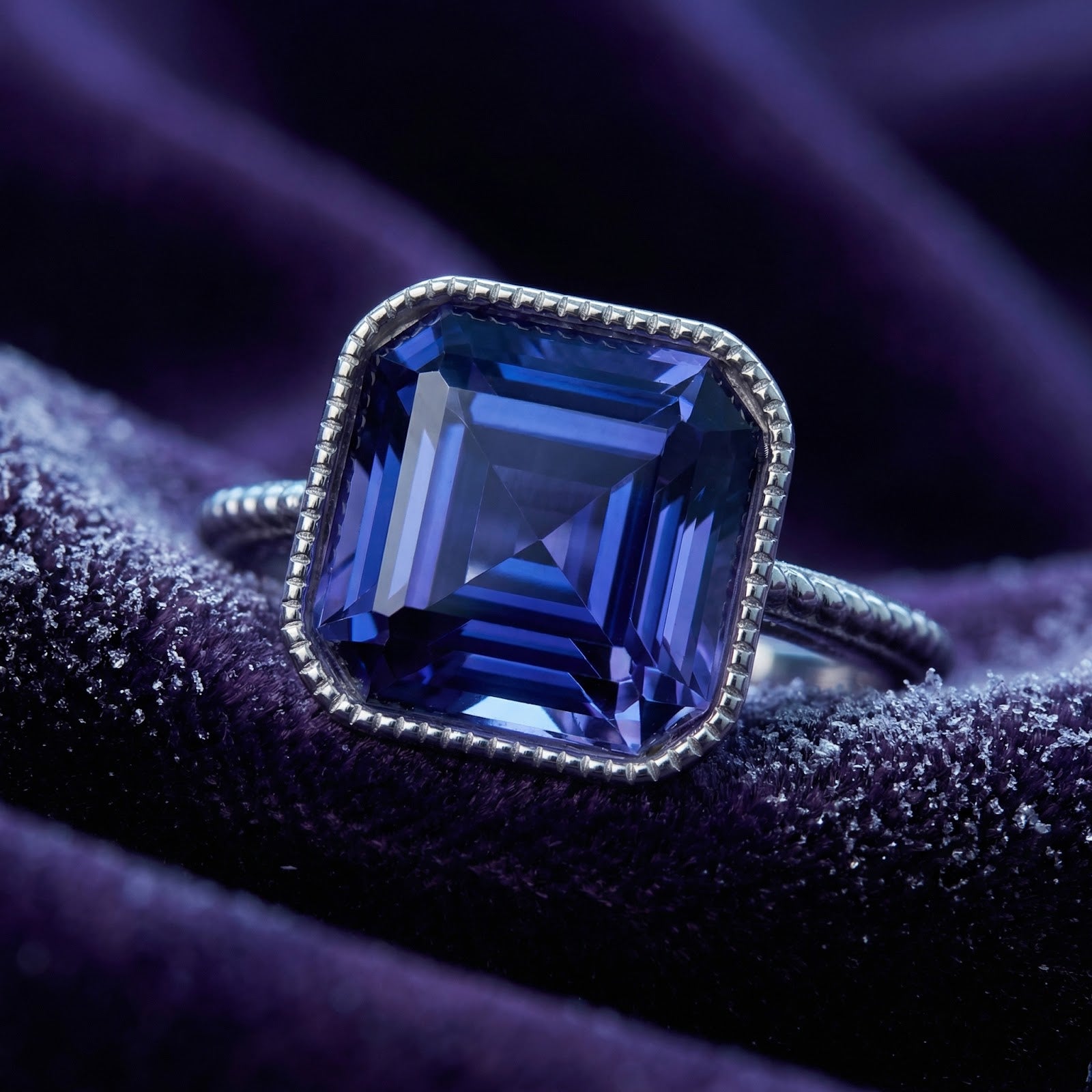 Macro shot of a square-cut simulated tanzanite in a silver milgrain bezel setting.
