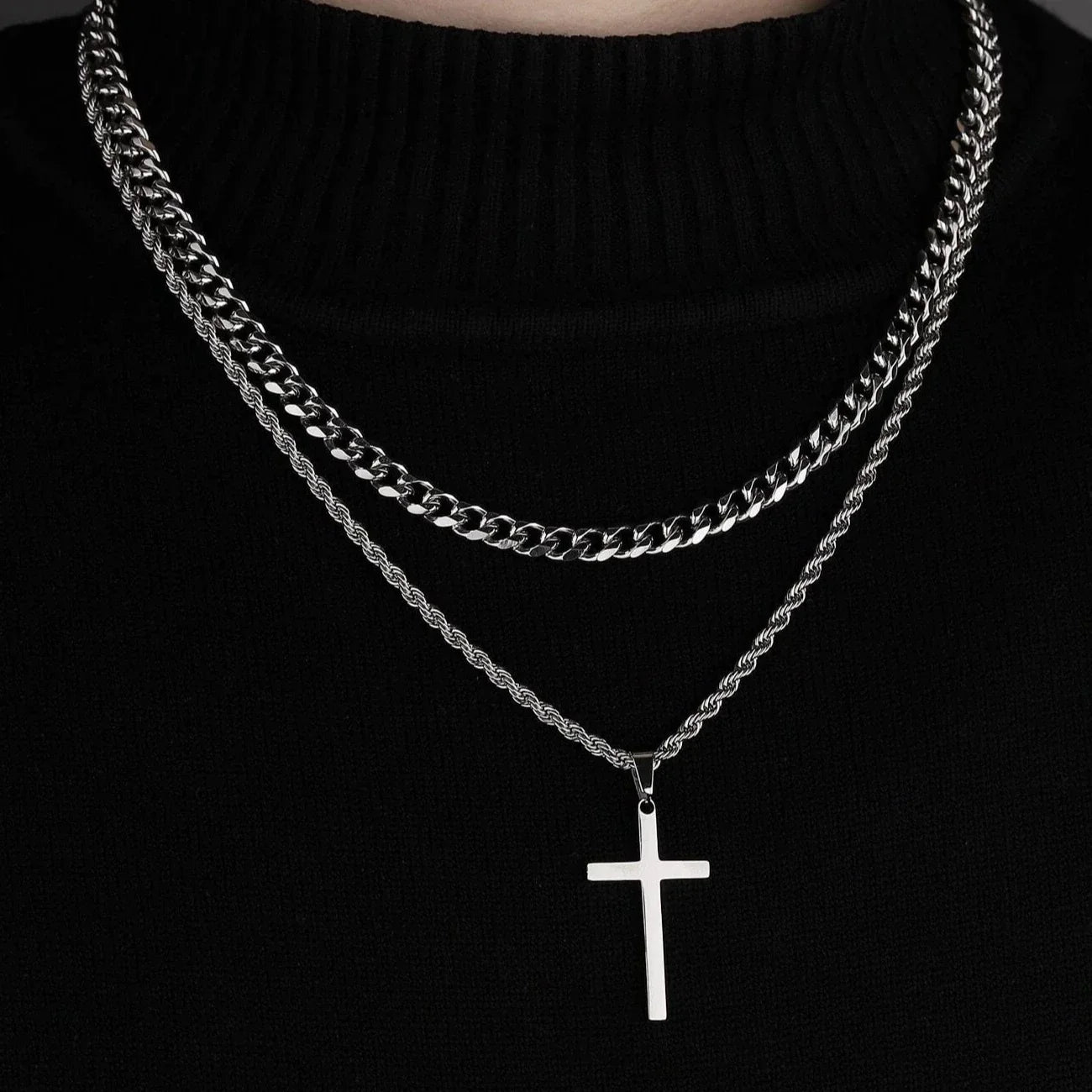 Collier Homme Pendentif Croix Double Épaisseur