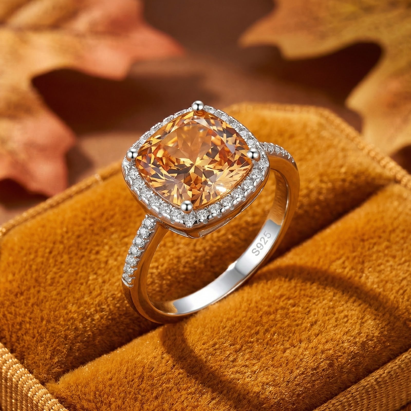 Cushion-cut simulated topaz ring in S925 sterling silver on a golden velvet surface with autumn leaves.