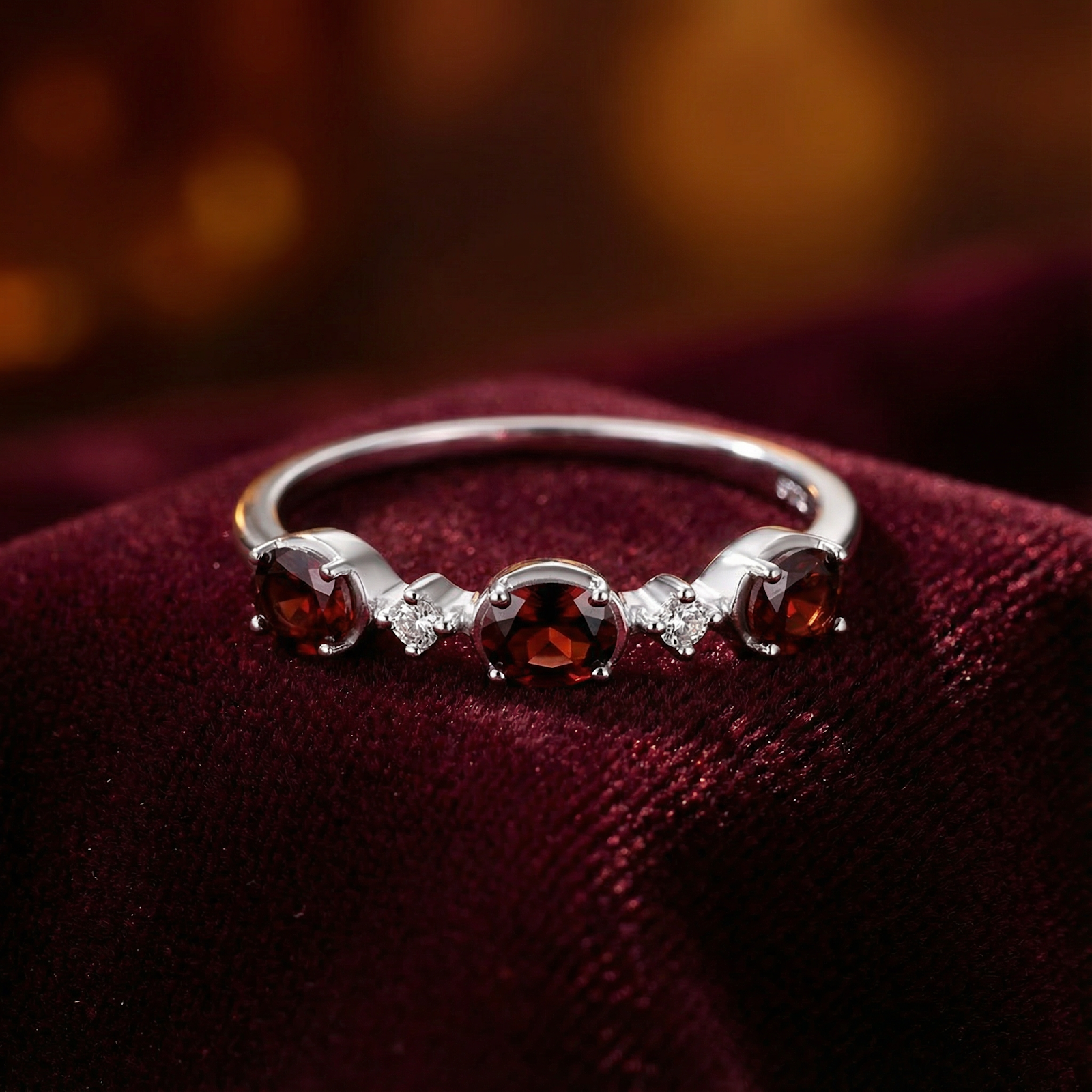 Three round-cut red garnets on a S925 sterling silver bypass ring resting on deep red velvet.