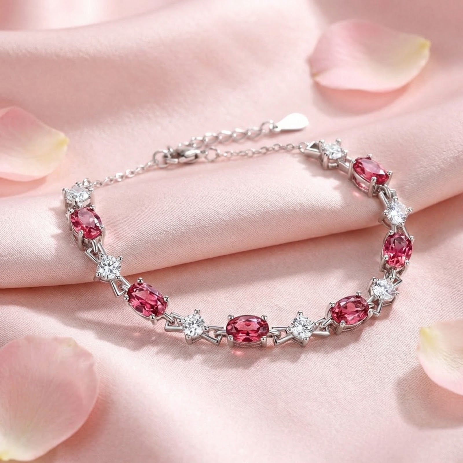 Sterling silver tennis bracelet with oval pink tourmaline stones resting on draped pink silk background.