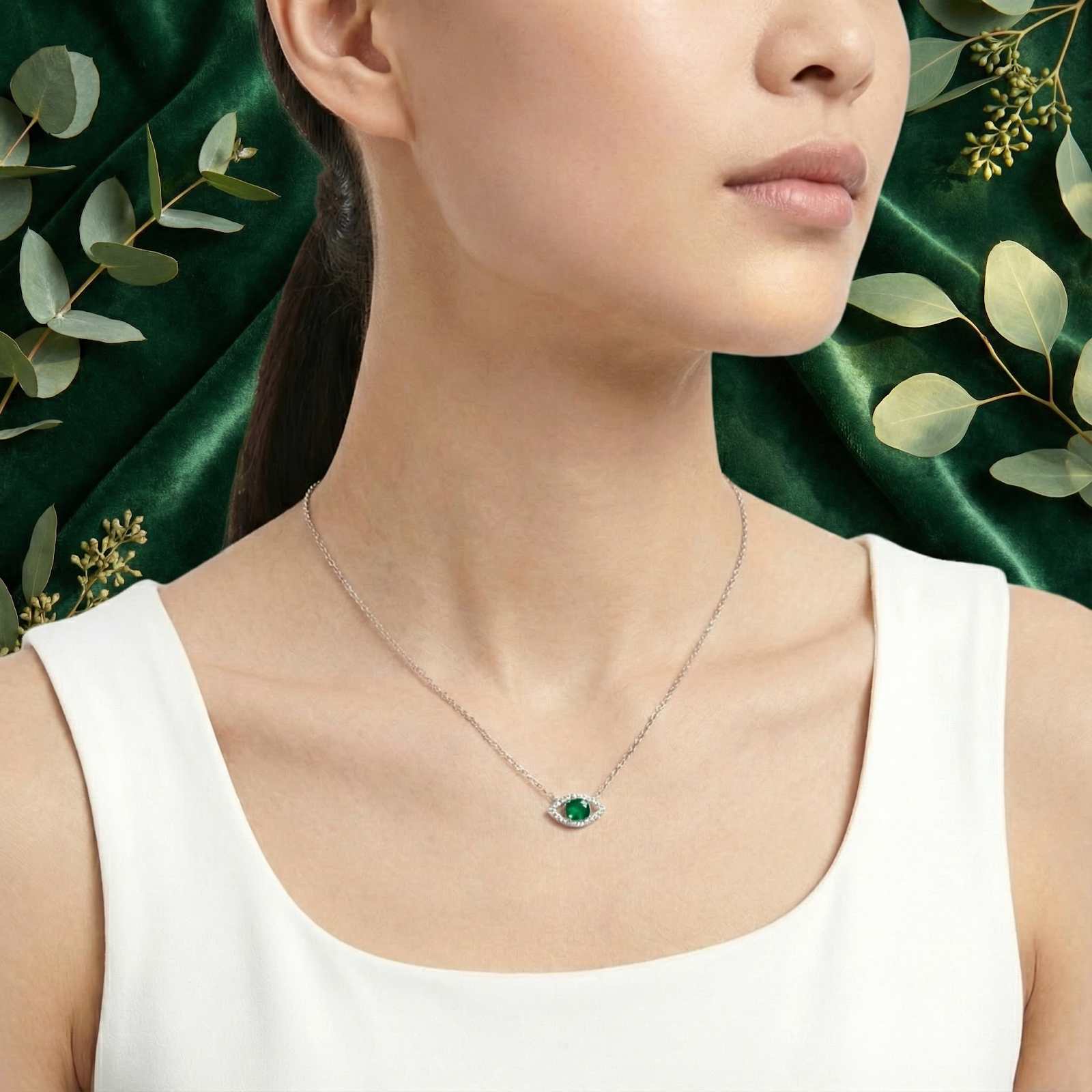 Model wearing the Iselda Eye sterling silver necklace with a round green simulated emerald and moissanite halo.