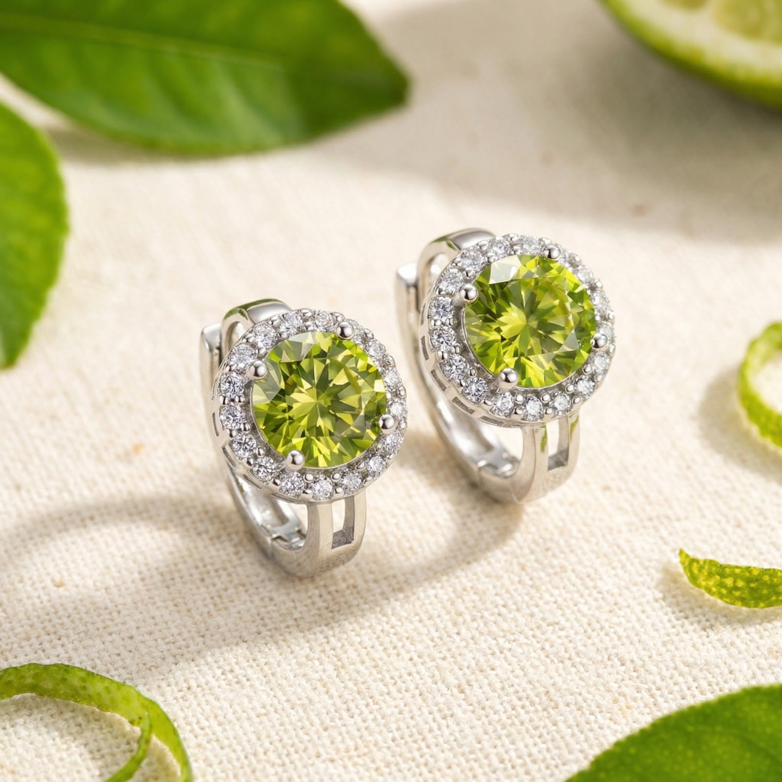 Green moissanite halo stud earrings in S925 sterling silver on a textured surface with lime and leaf accents.