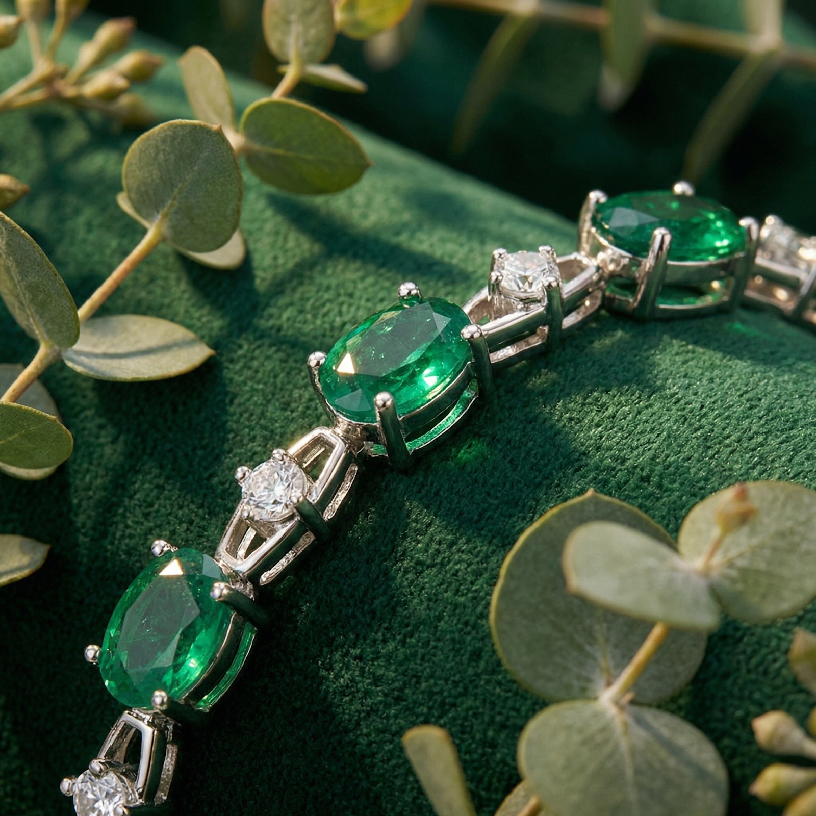Close-up of oval-cut simulated emeralds and round white stones in a rhodium-finished sterling silver station bracelet.