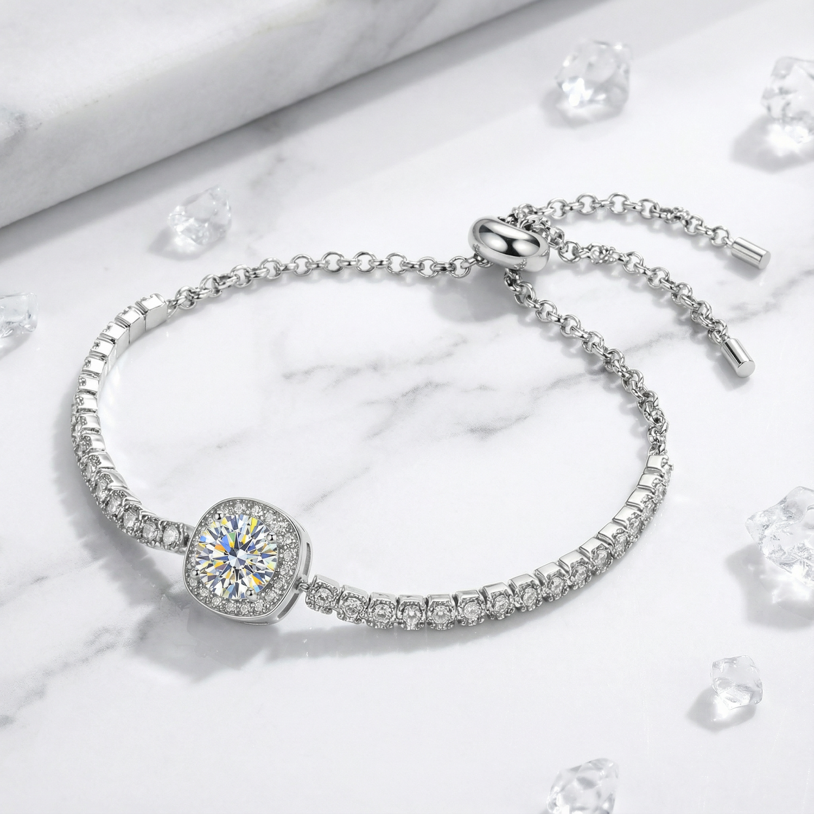 Sterling silver halo bracelet with a round-cut simulated diamond on a marble surface with crystal accents.