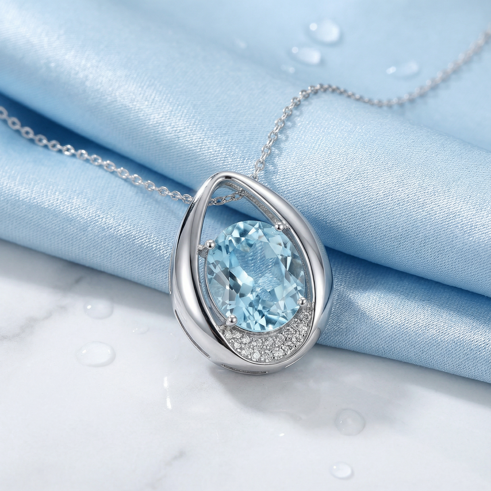 Teardrop sterling silver necklace with a blue simulated aquamarine resting on light blue silk fabric.