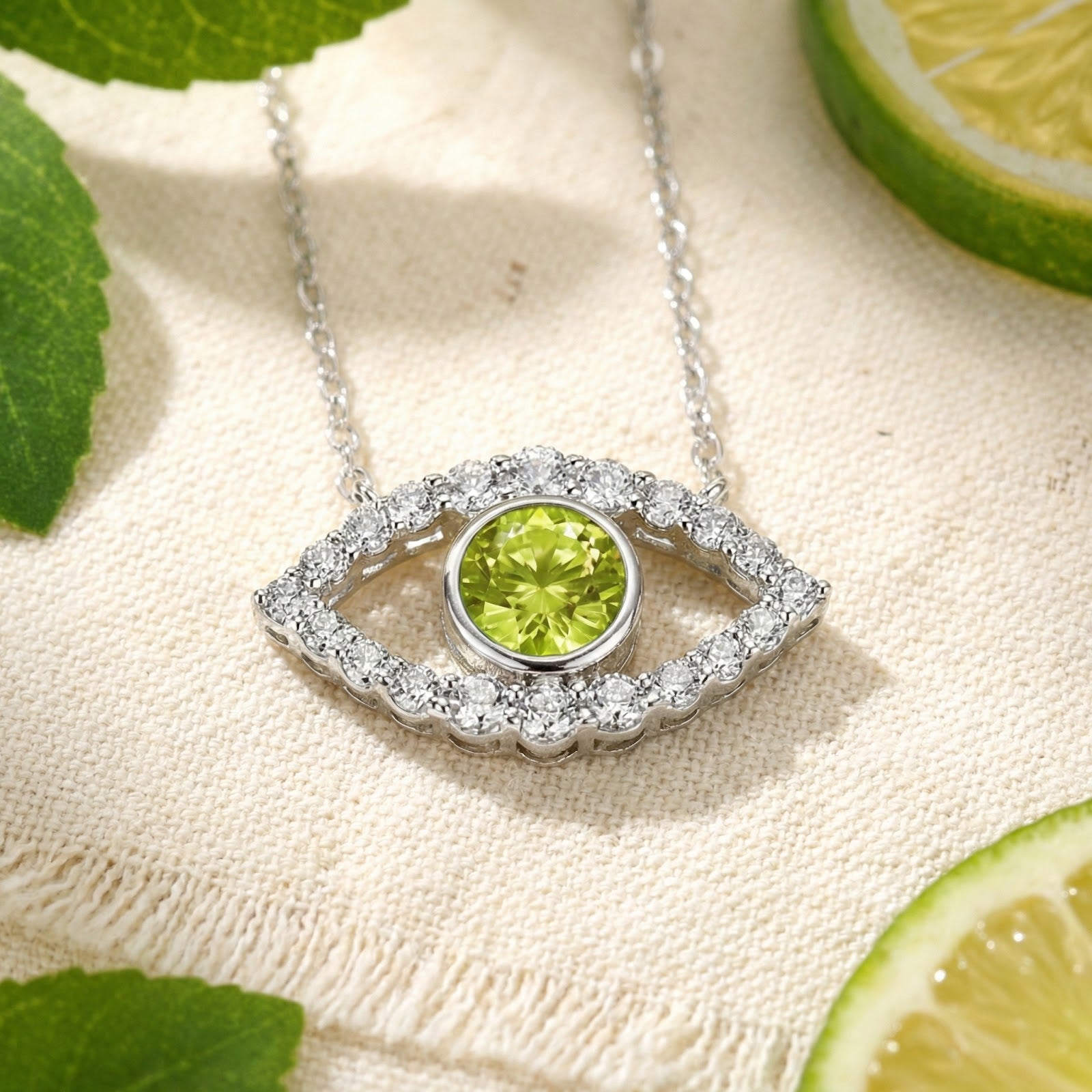 Close-up of a silver eye pendant featuring a round cut yellow-green moissanite and clear accent stones.
