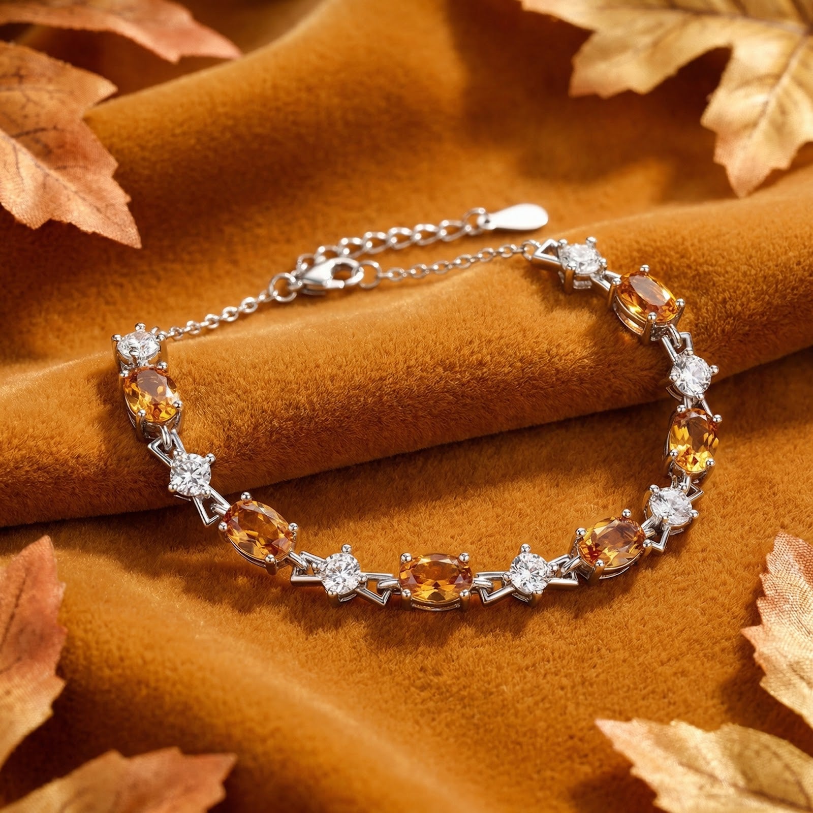 Honeyed topaz and sterling silver bracelet displayed on draped orange fabric with scattered autumn leaves.