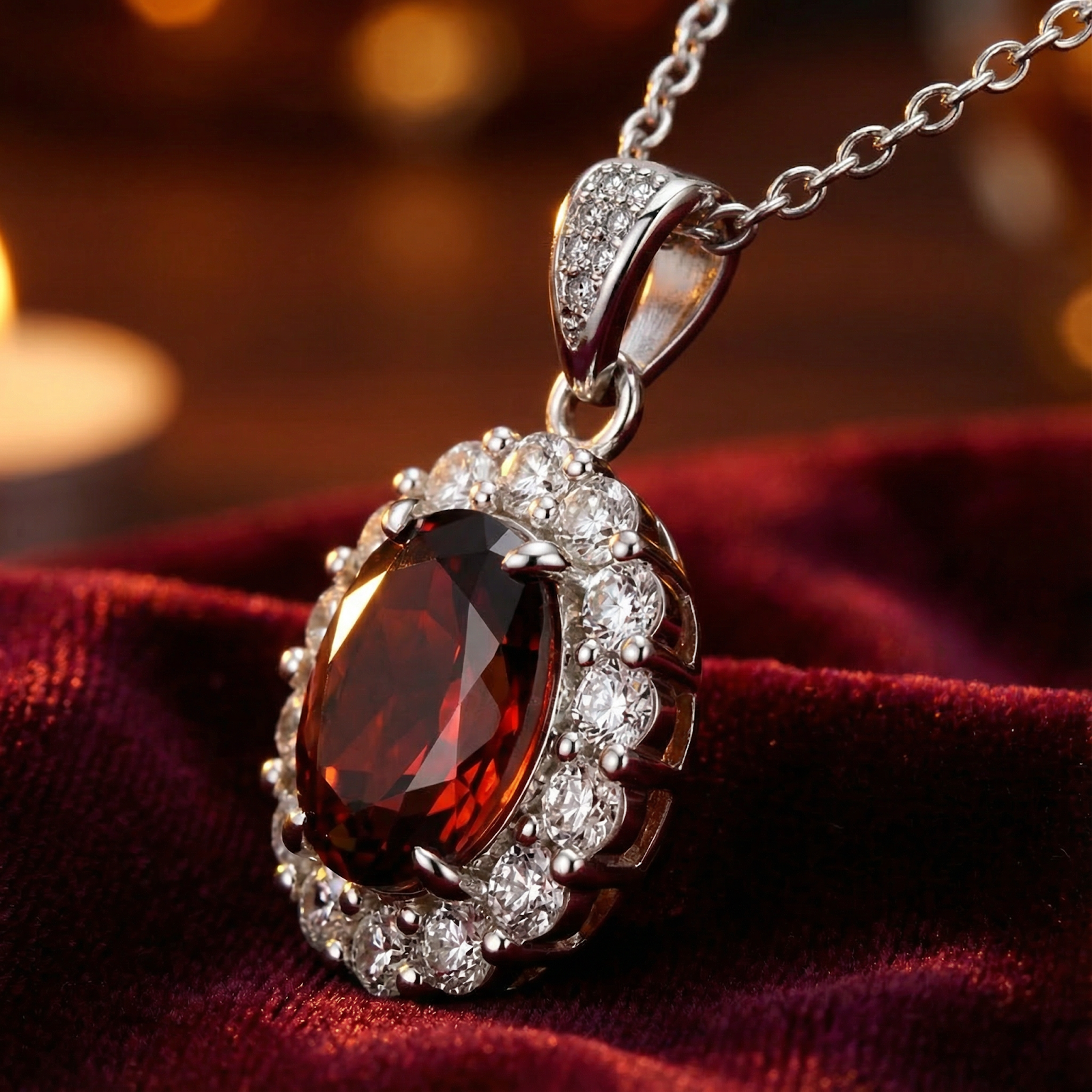 Detailed side view of the Orielle oval red garnet halo pendant in a silver-toned setting.