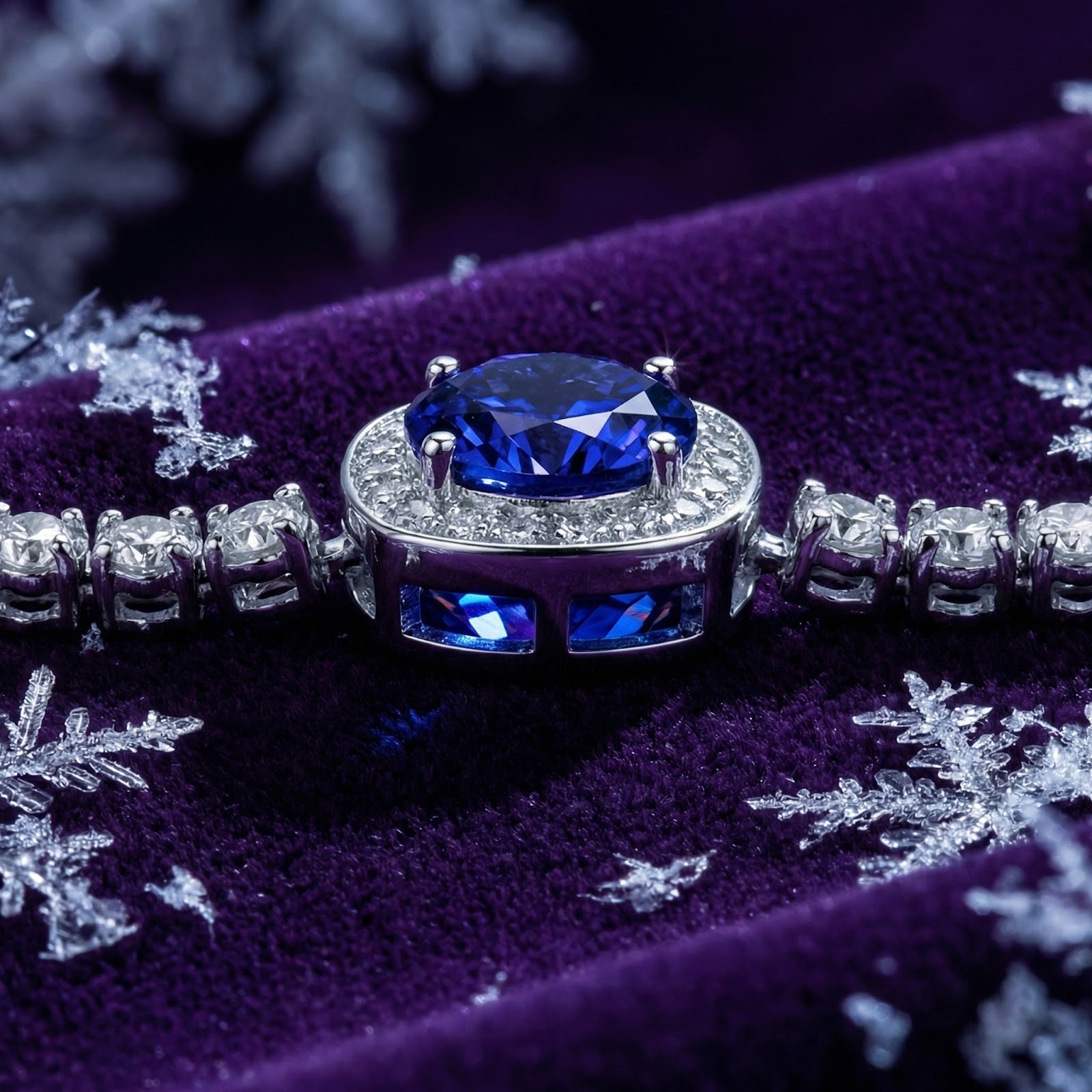 Macro view of a round-cut blue simulated tanzanite in a silver halo setting on purple velvet.