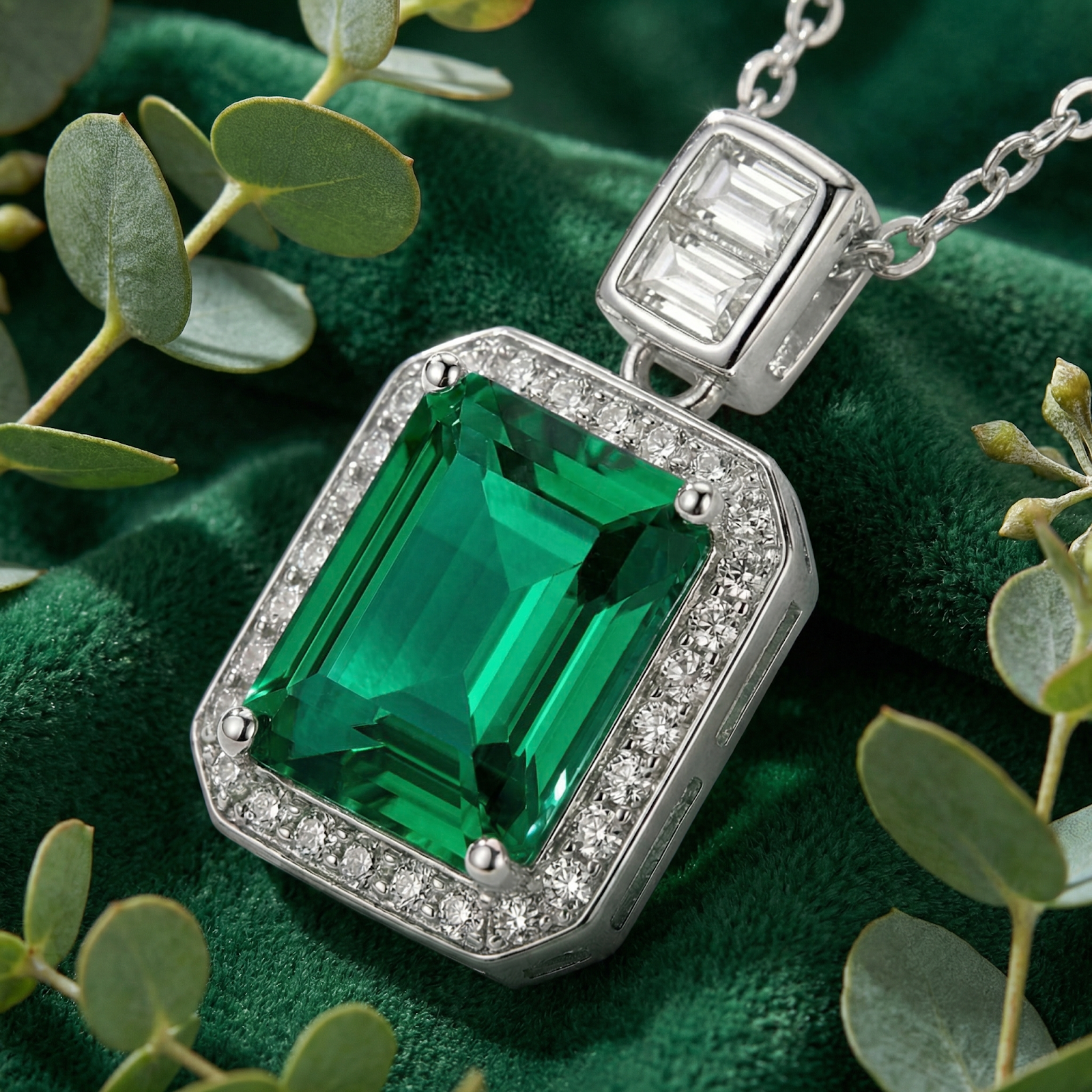 Close-up of an emerald-cut simulated emerald pendant with a diamond halo in a 925 sterling silver setting.