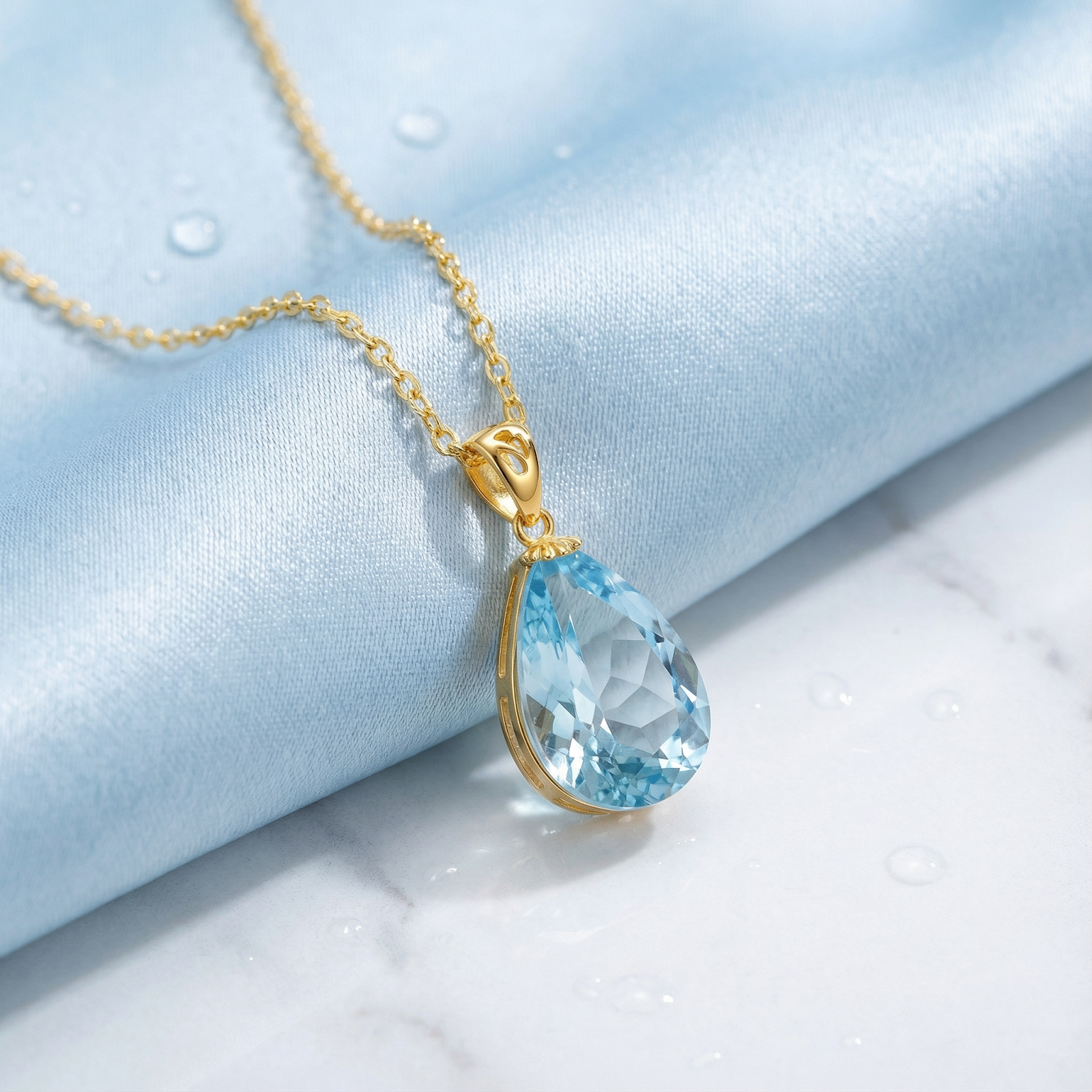 Pear cut simulated aquamarine teardrop necklace in 18K gold vermeil on blue silk and marble.