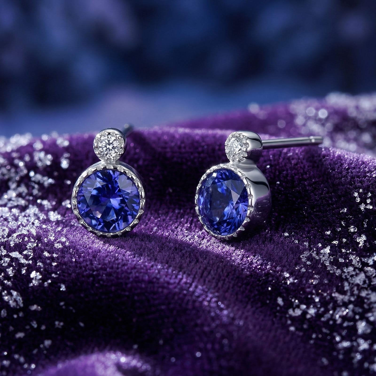 Front view of round simulated tanzanite and silver drop earrings resting on textured purple velvet.
