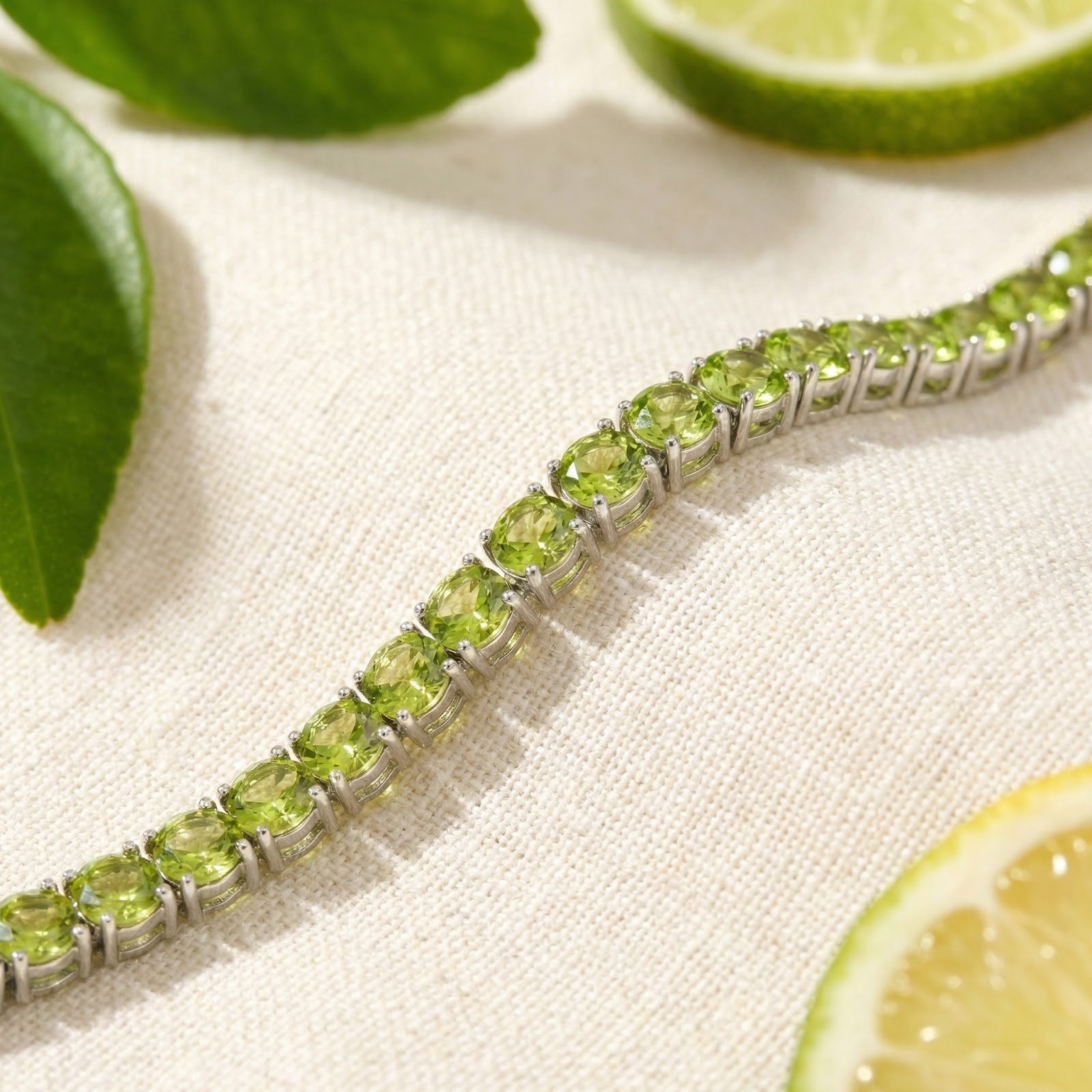 Macro shot of round cut simulated peridots in a stainless steel tennis bracelet setting on a textured surface.