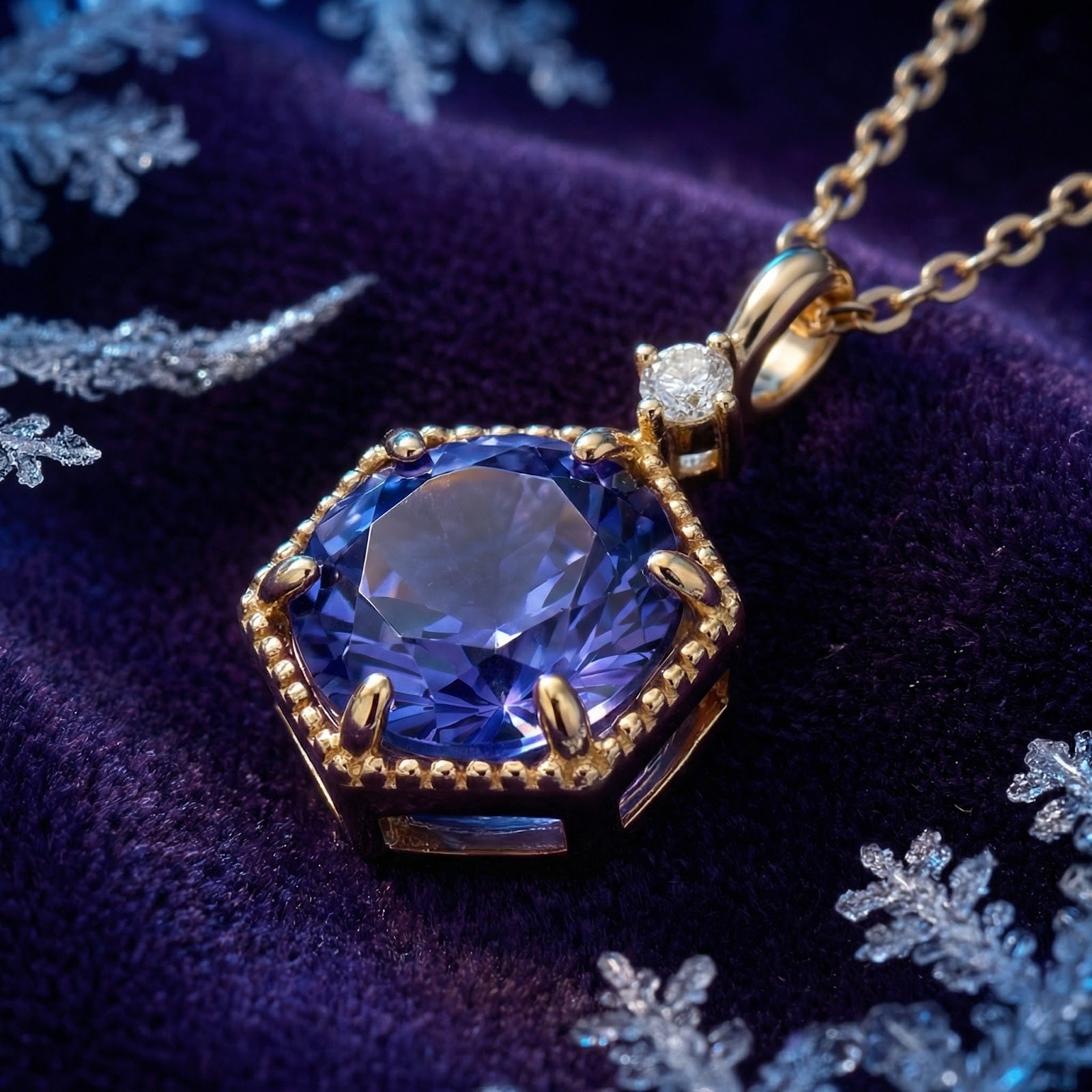 Angled macro shot of the Valerise Hex simulated tanzanite necklace in 18K gold vermeil on a velvet surface.
