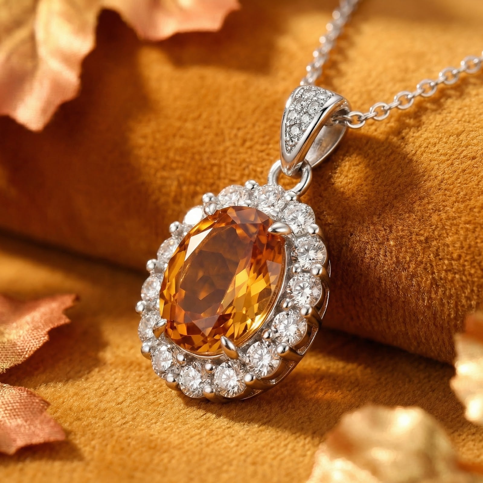 Close-up of the golden-orange simulated topaz pendant with a halo setting on a sterling silver chain.