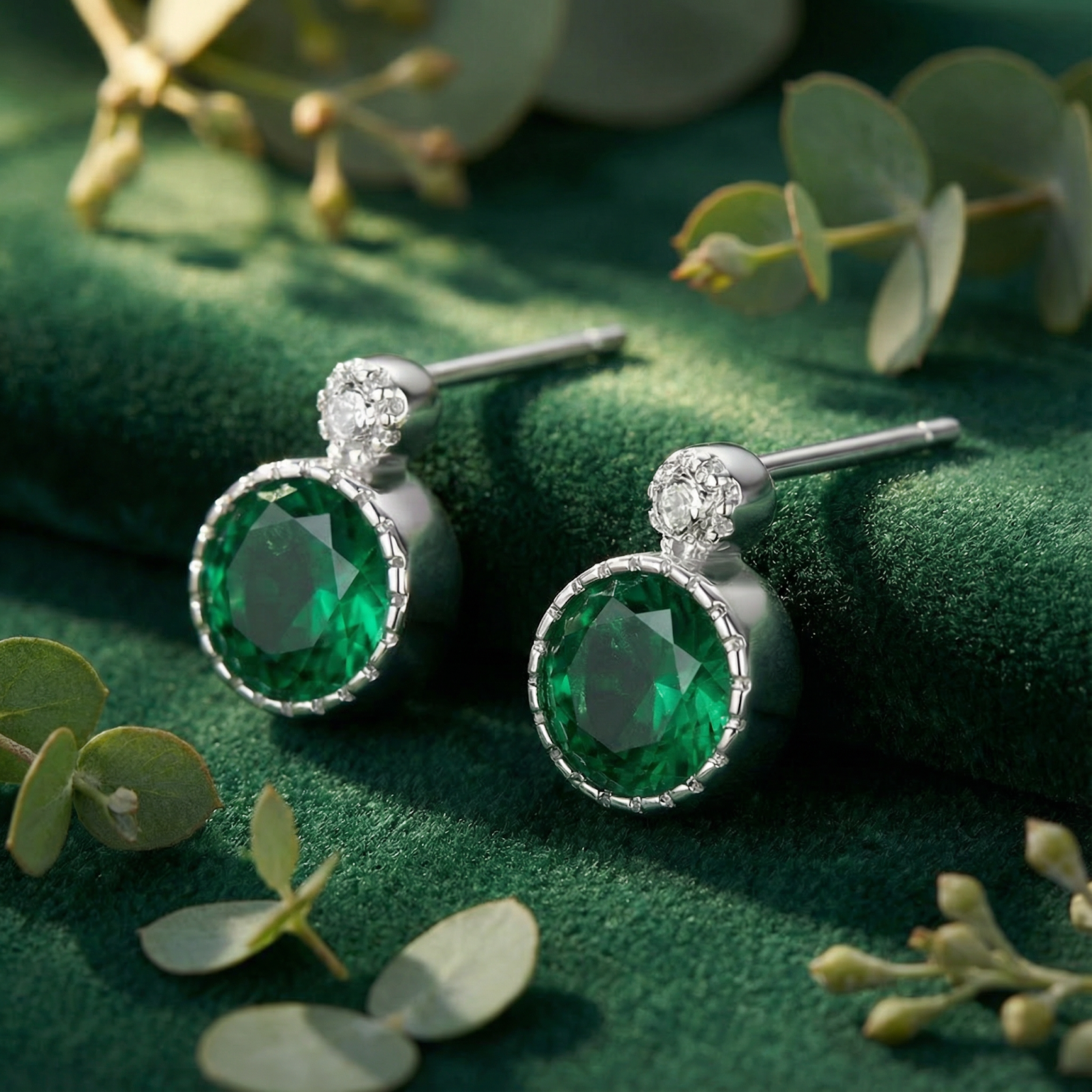 Side view of round-cut simulated emerald and S925 sterling silver halo stud earrings on green velvet with leaves.