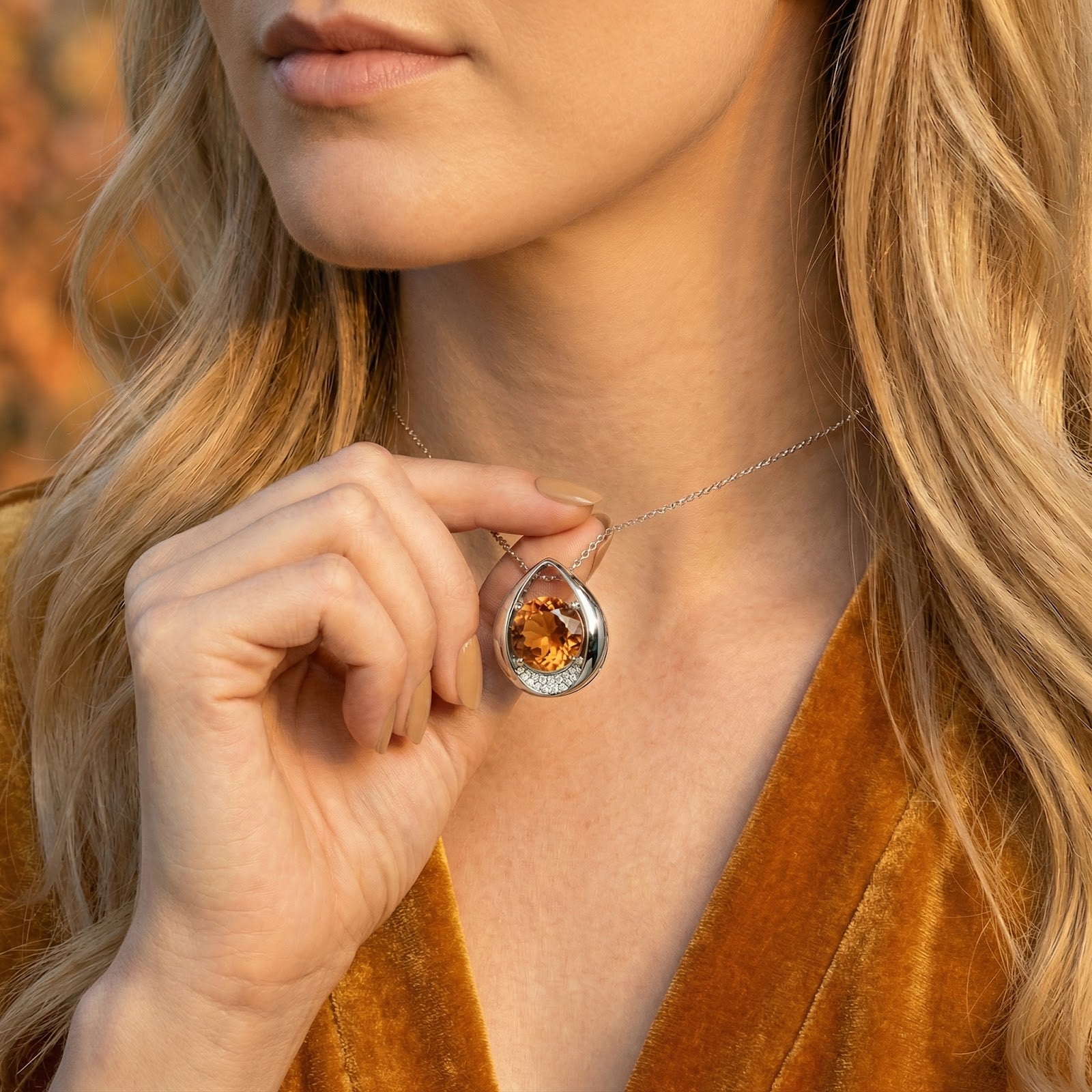 S925 sterling silver teardrop pendant with a round honey simulated topaz held in hand to show size and scale.