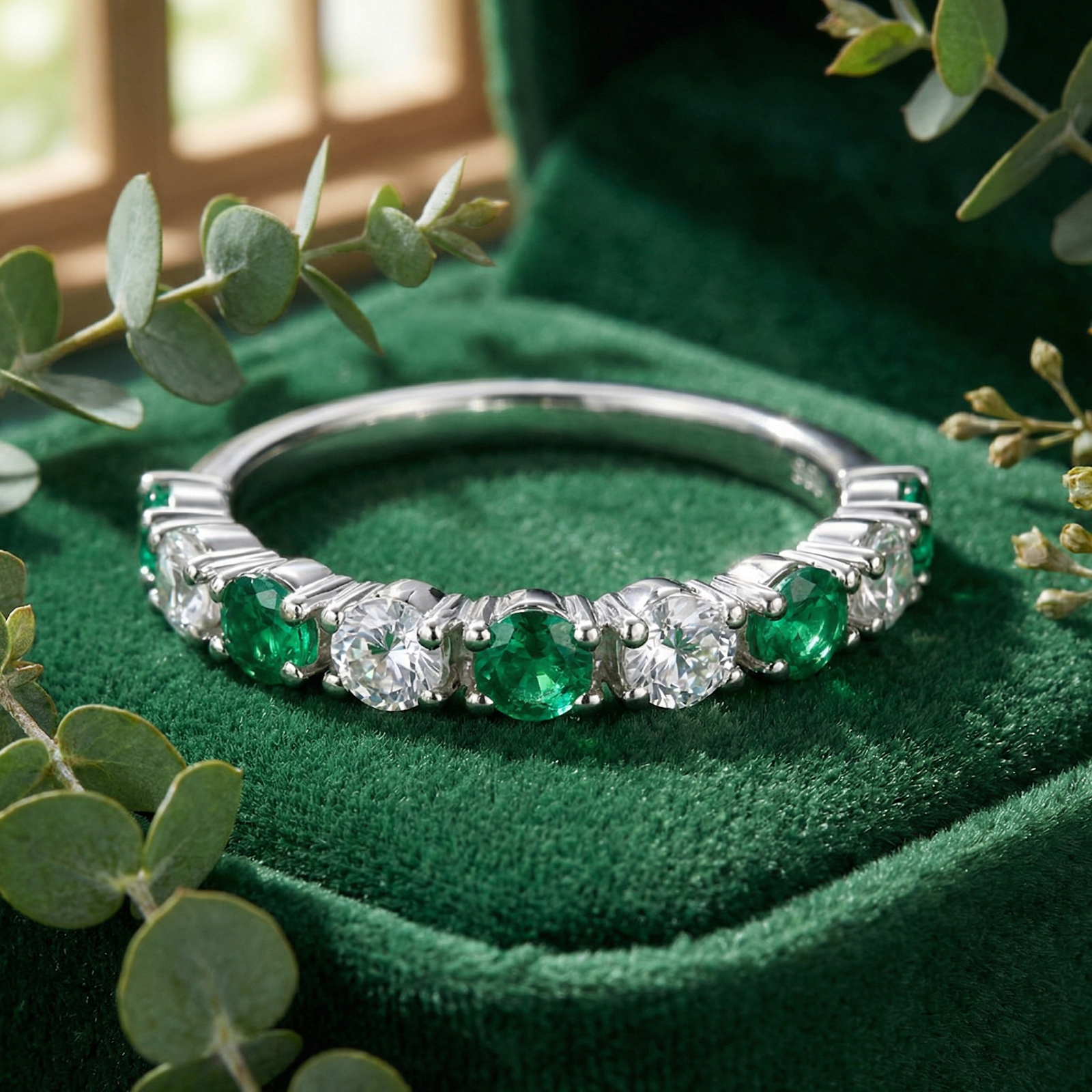 Macro view of an S925 silver half-eternity ring with round-cut simulated emeralds and clear stones on green velvet.