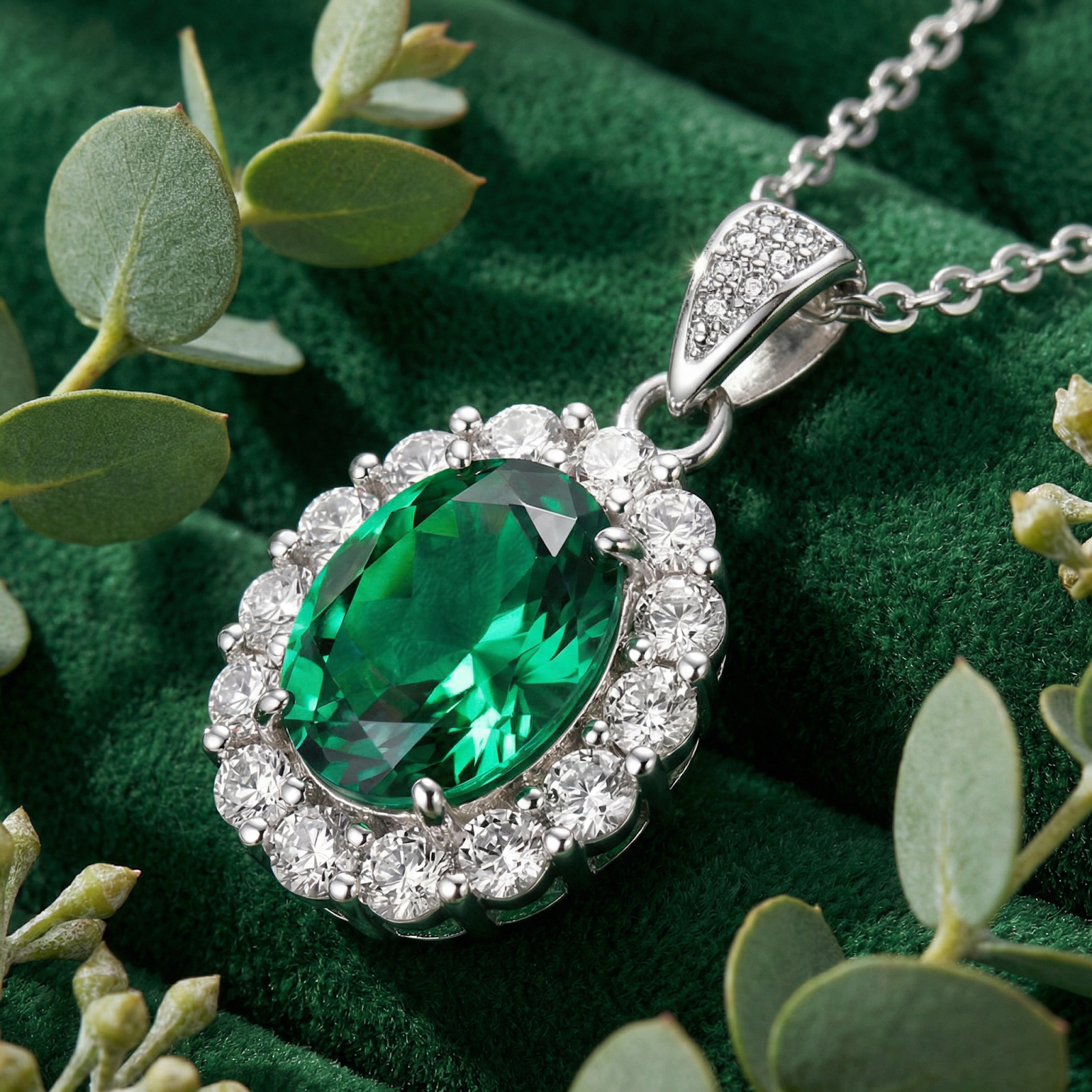 Oval simulated emerald halo pendant in sterling silver on green velvet with eucalyptus leaves.