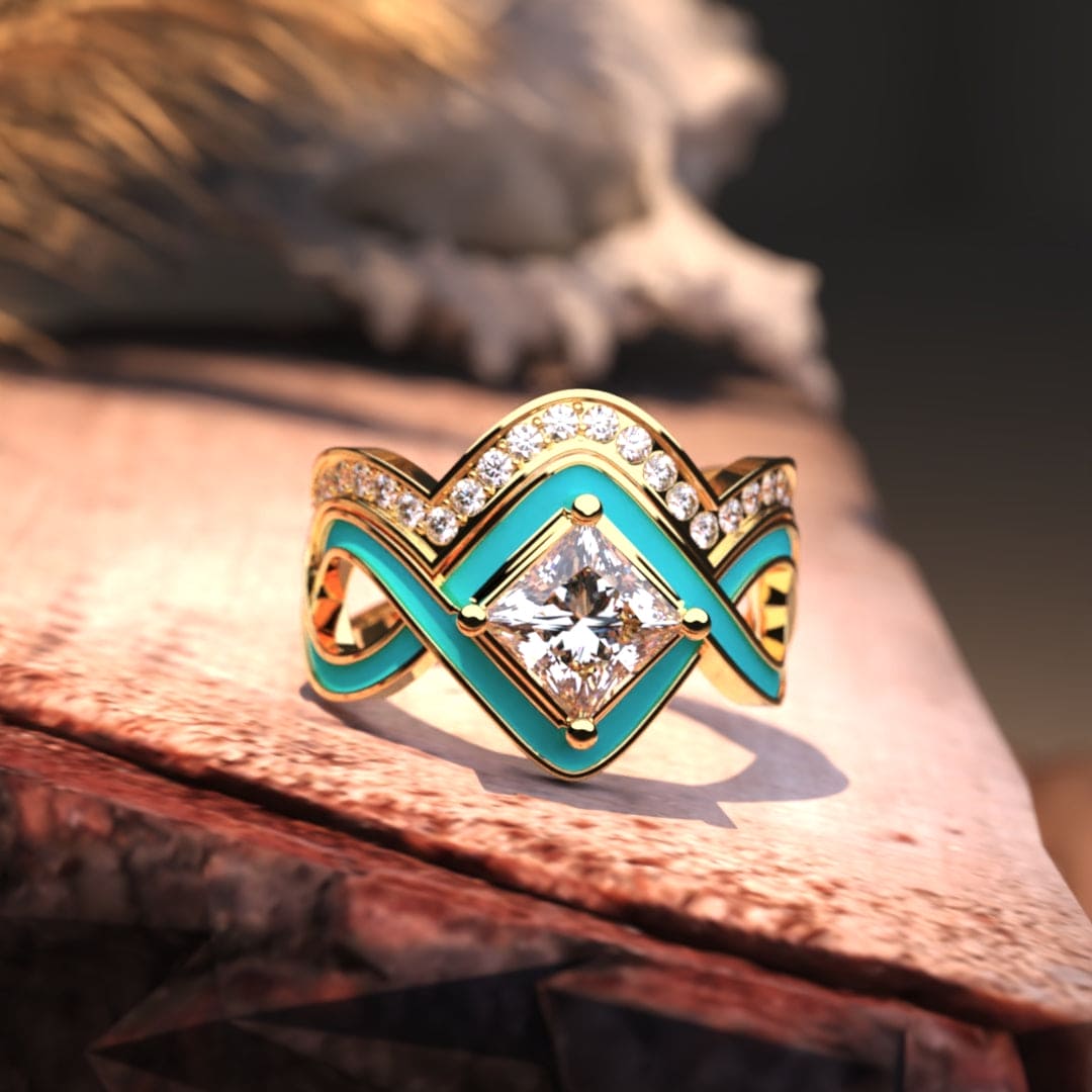 Ocean Wave: Turquoise Vermeil Or 18K, Ensemble de 2 Bagues