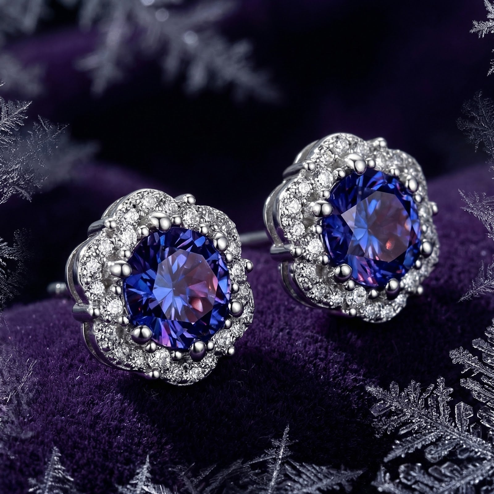 Macro view of the Sidraea Blossom sterling silver earrings highlighting the round-cut blue simulated tanzanite stones.