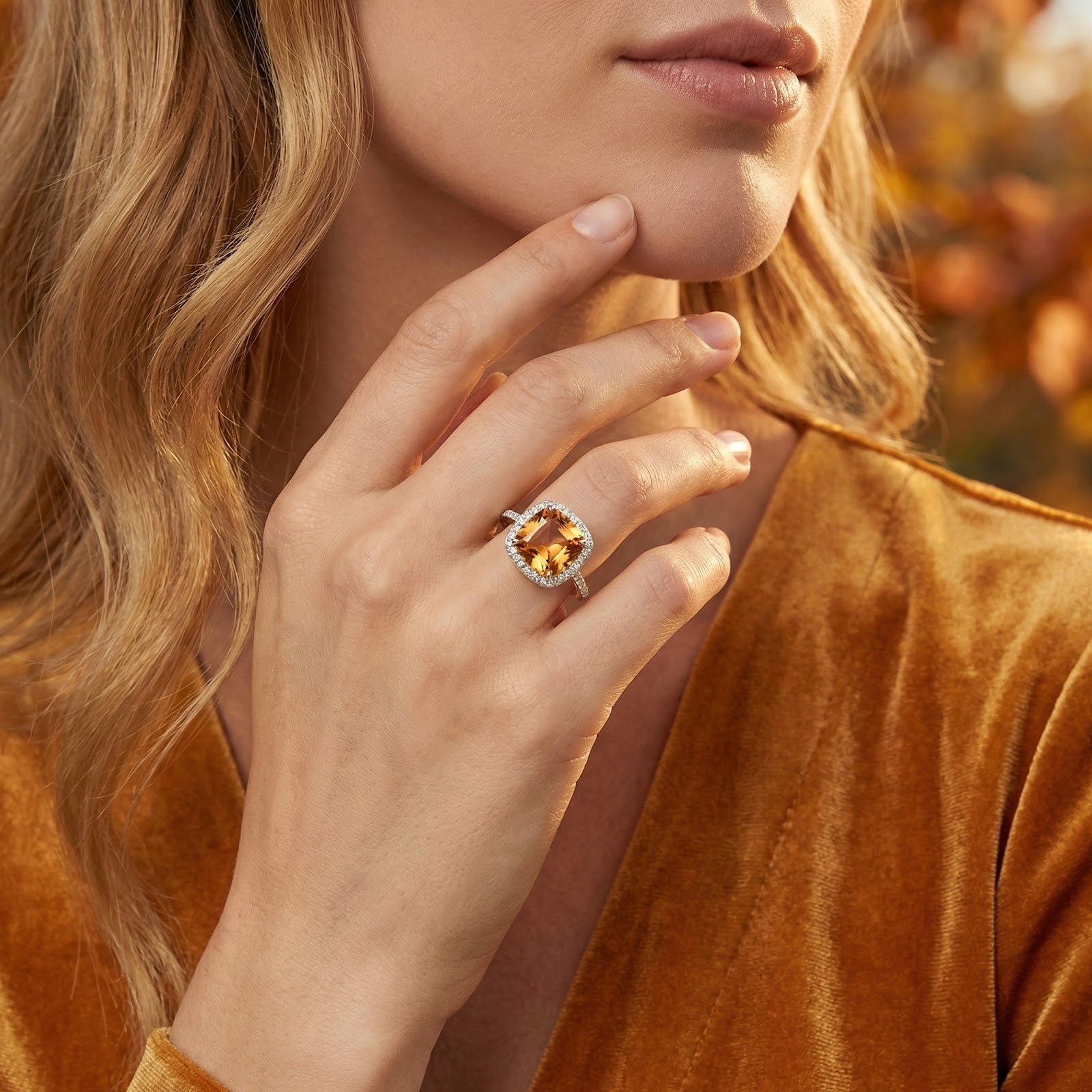 A woman wearing the S925 sterling silver cushion-cut simulated topaz ring, paired with a golden velvet dress.