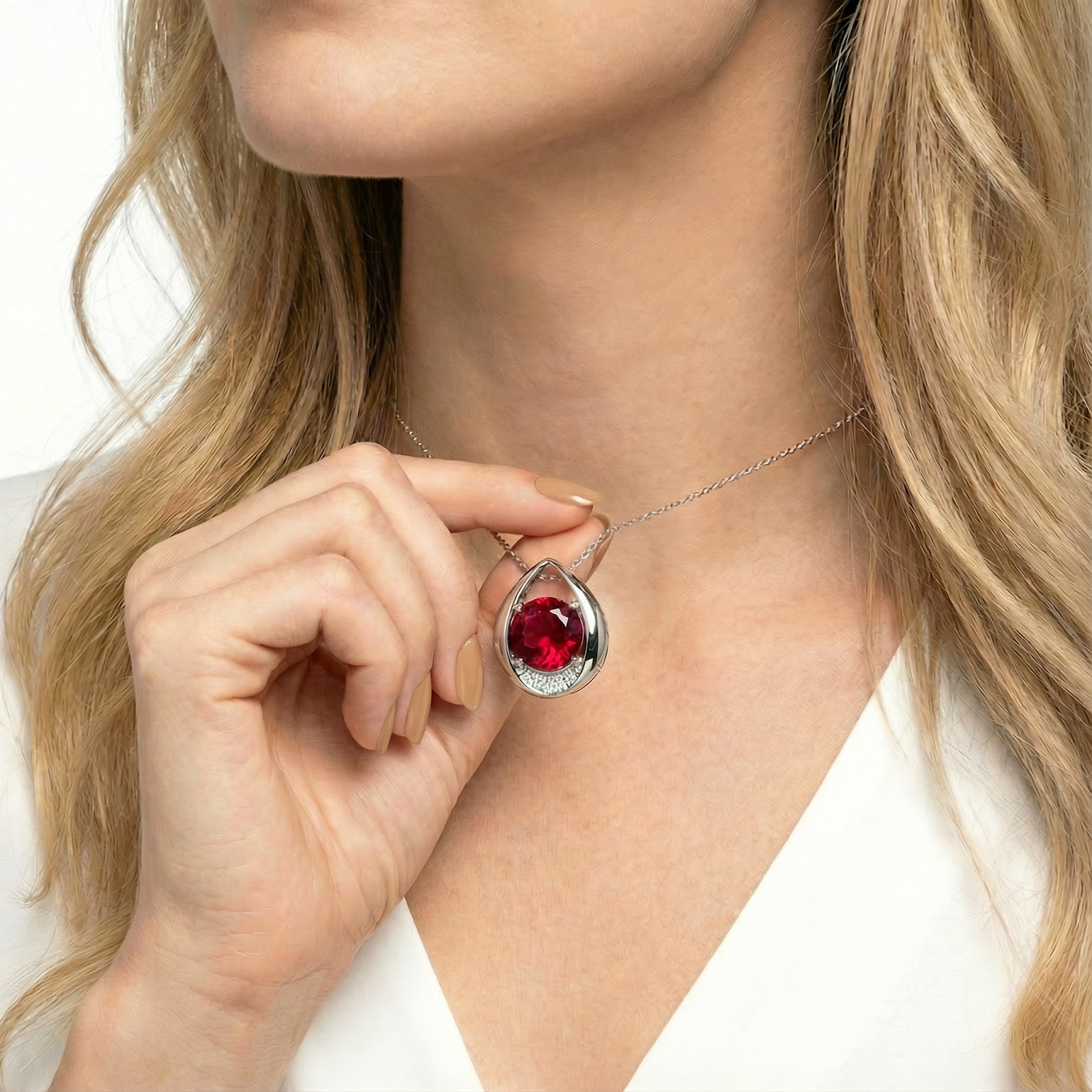 Hand holding the Ariselle simulated ruby pear pendant on a silver chain to show size and scale.