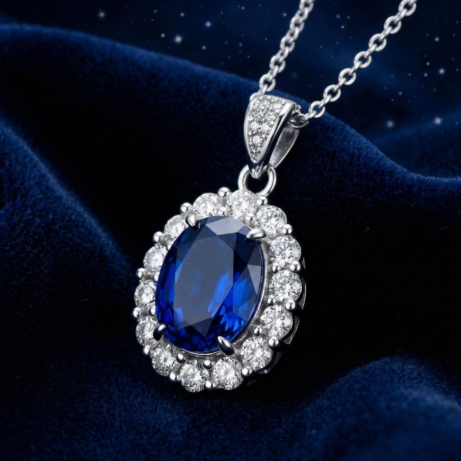Angled view of the Serenara Halo necklace with an oval-cut blue sapphire and silver setting on blue velvet.