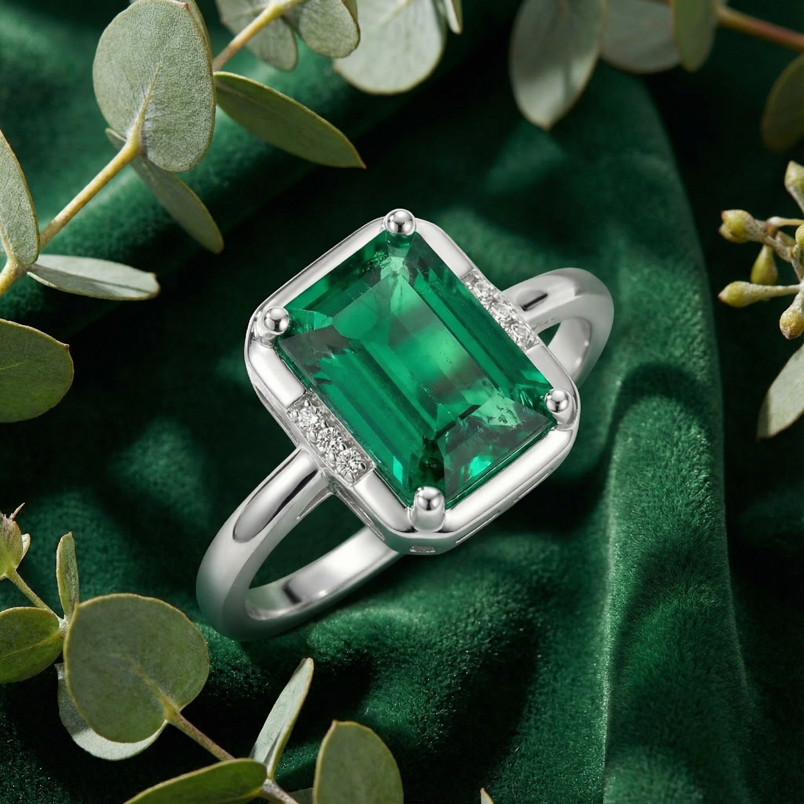 Close-up of an emerald-cut simulated emerald ring in sterling silver with side accent stones.
