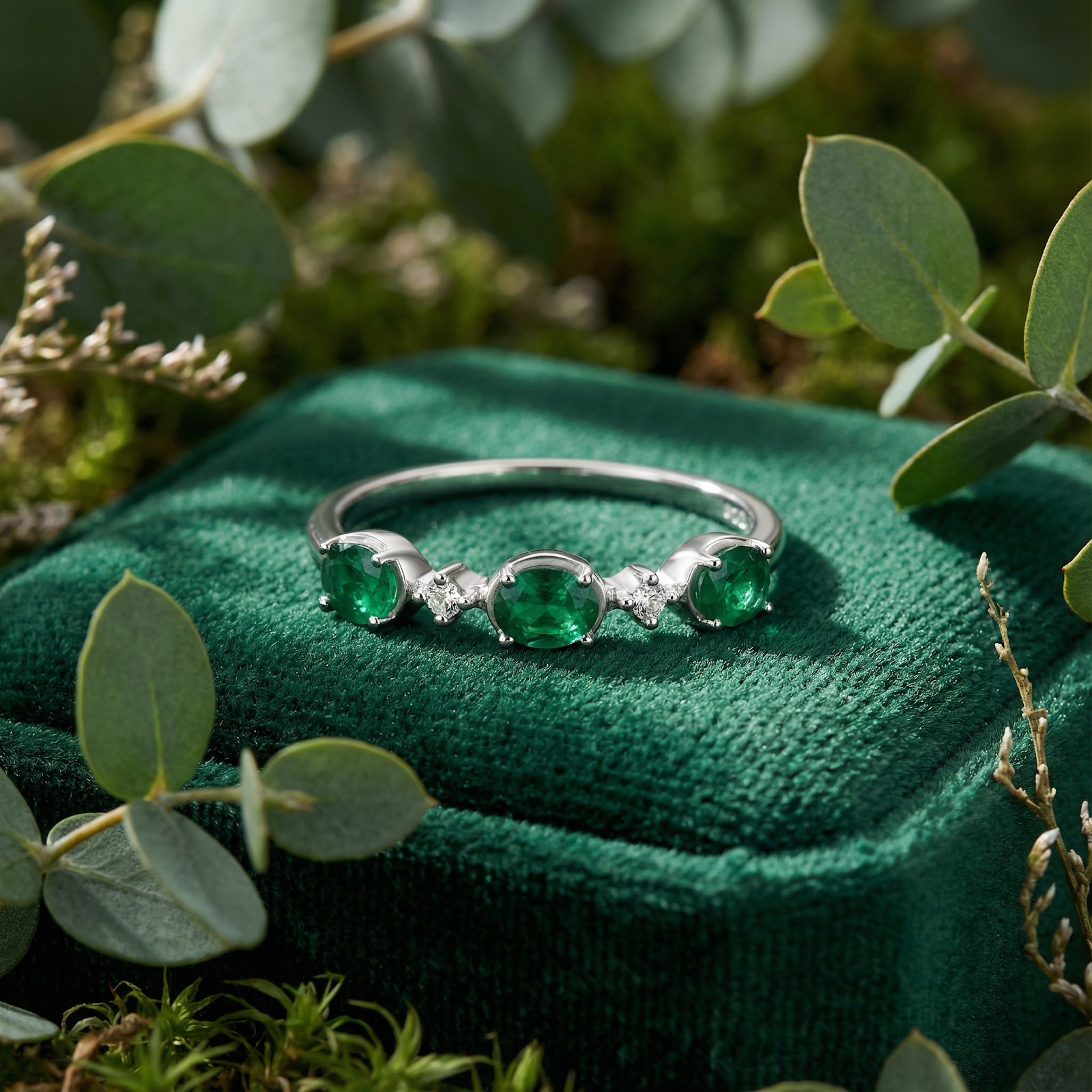 Sterling silver bypass ring with three oval simulated emeralds resting on a green velvet box lid with greenery.