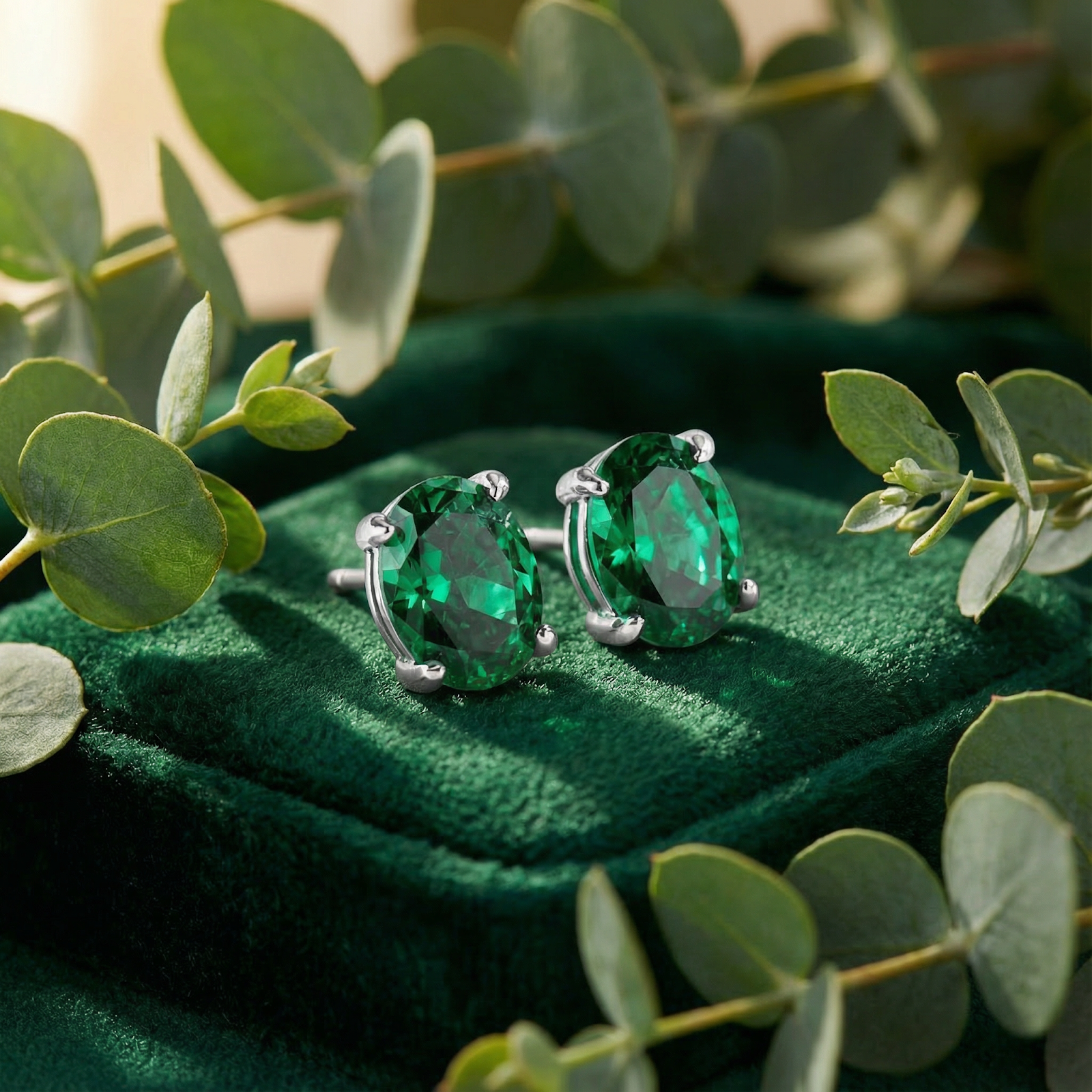 Sterling silver oval-cut simulated emerald stud earrings on a green velvet box with eucalyptus leaves.