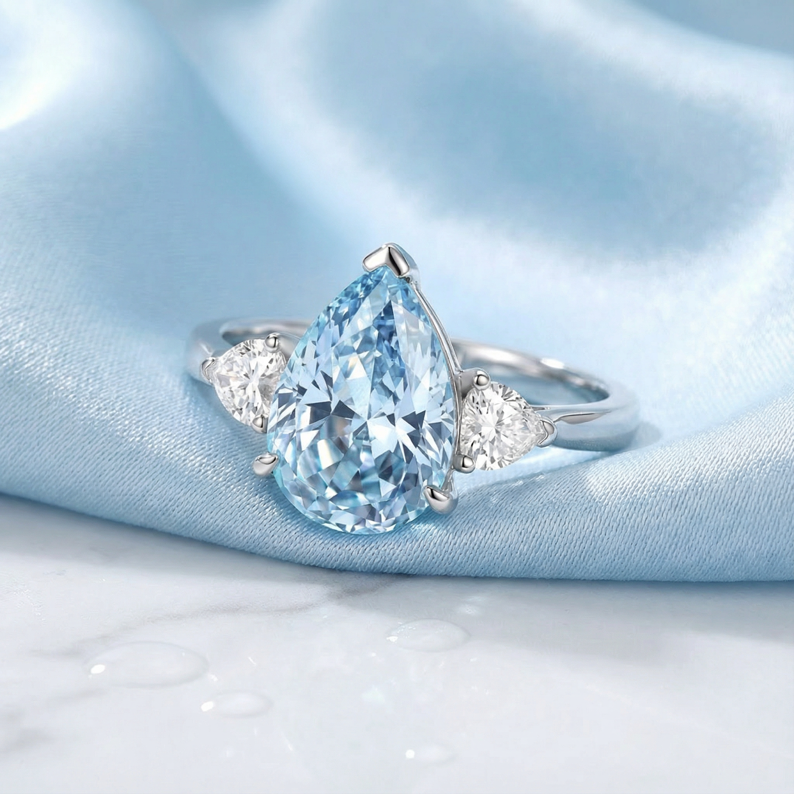Pear cut simulated aquamarine ring in S925 sterling silver on a light blue silk background.