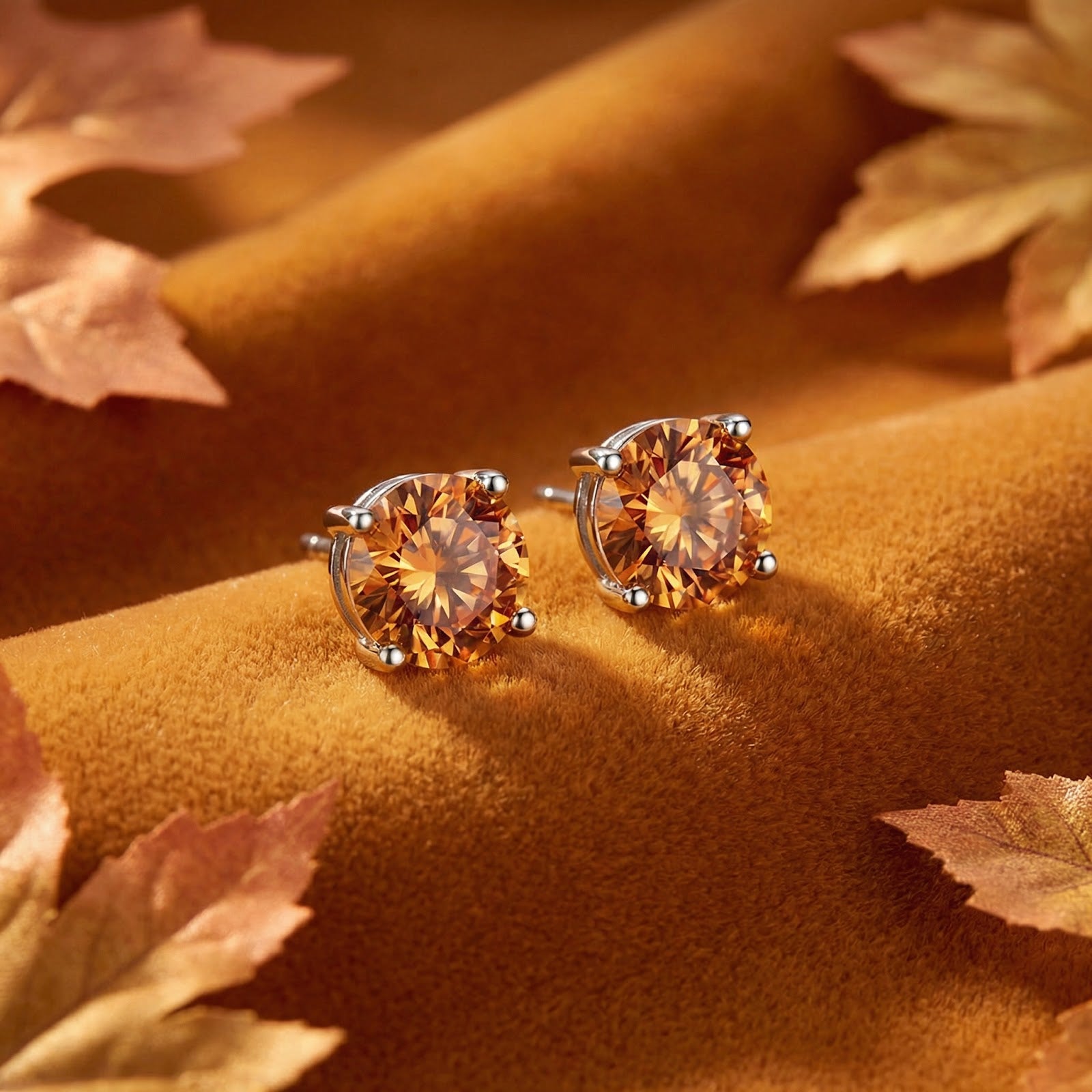 Angled view of round cut simulated topaz stud earrings in silver settings on golden velvet fabric.