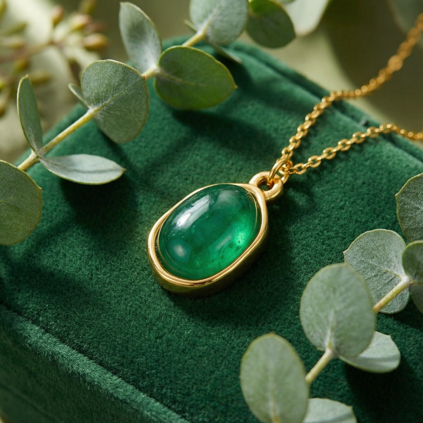 Close-up of the gold bezel setting and deep green pear-cut simulated emerald on the Azurielle teardrop necklace.