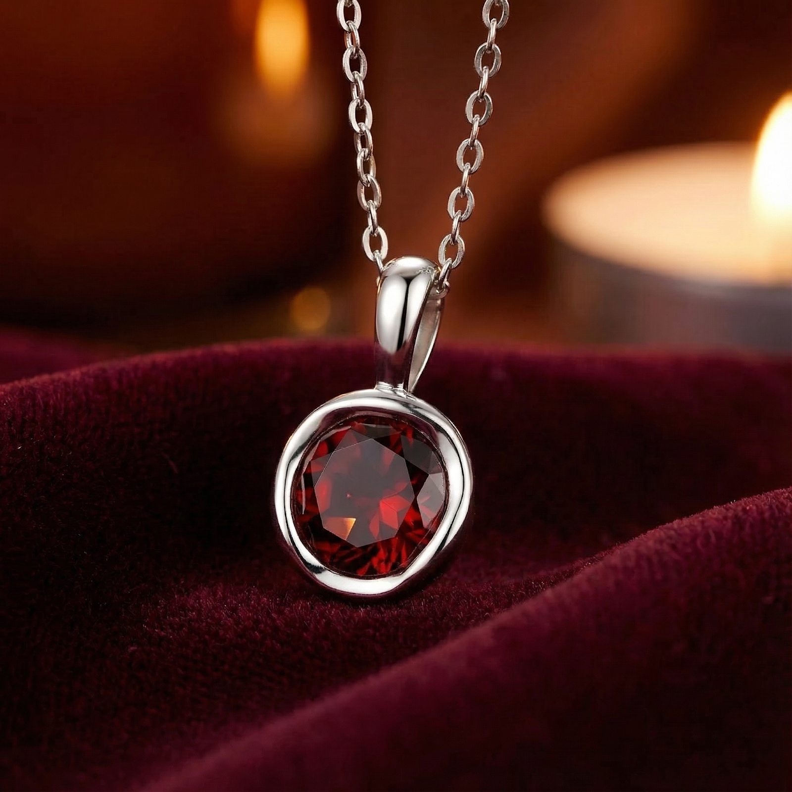 Round cut red garnet pendant in sterling silver on a chain, displayed against red velvet with candle light.