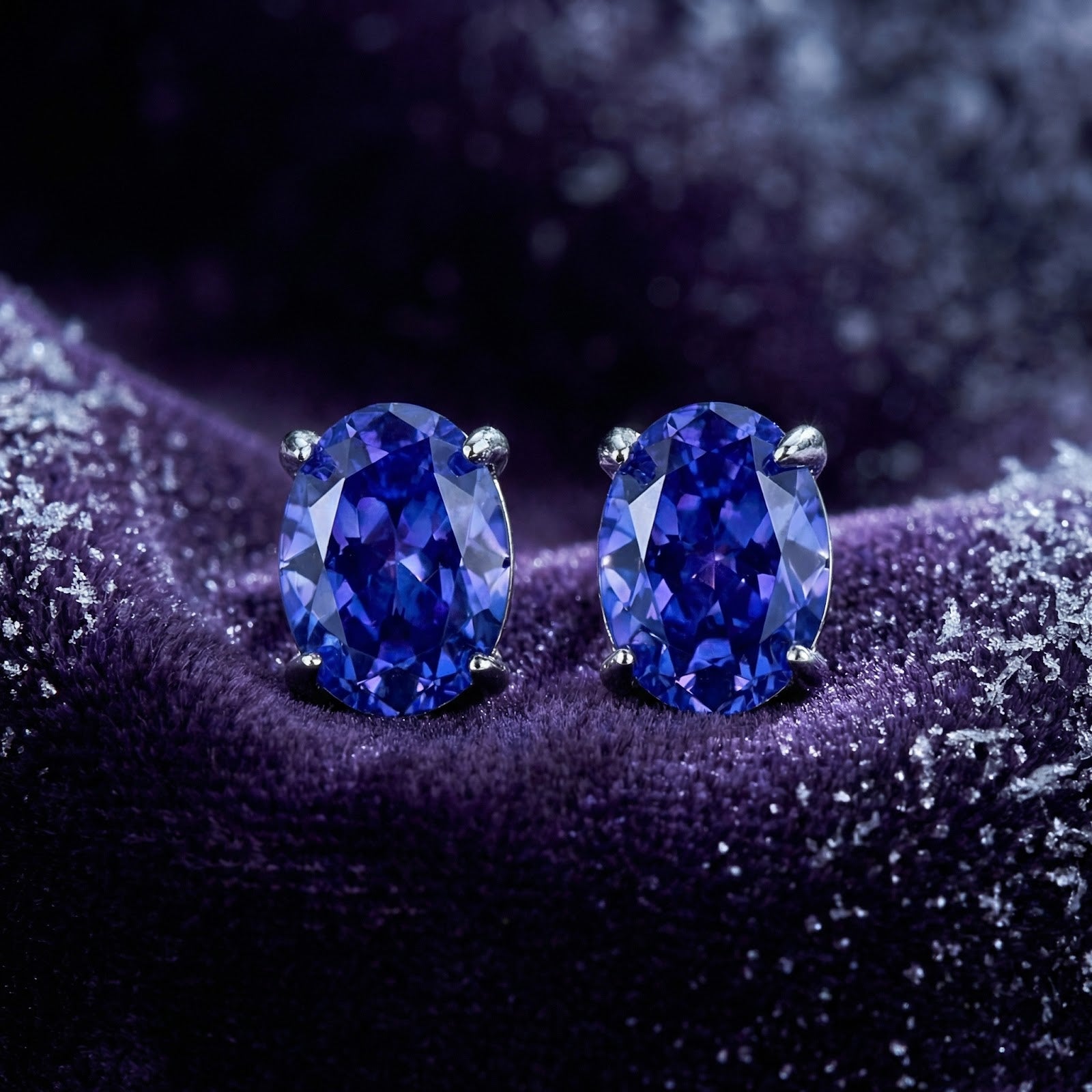 Close-up of the precision-cut oval simulated tanzanite stones in sterling silver stud earring settings.