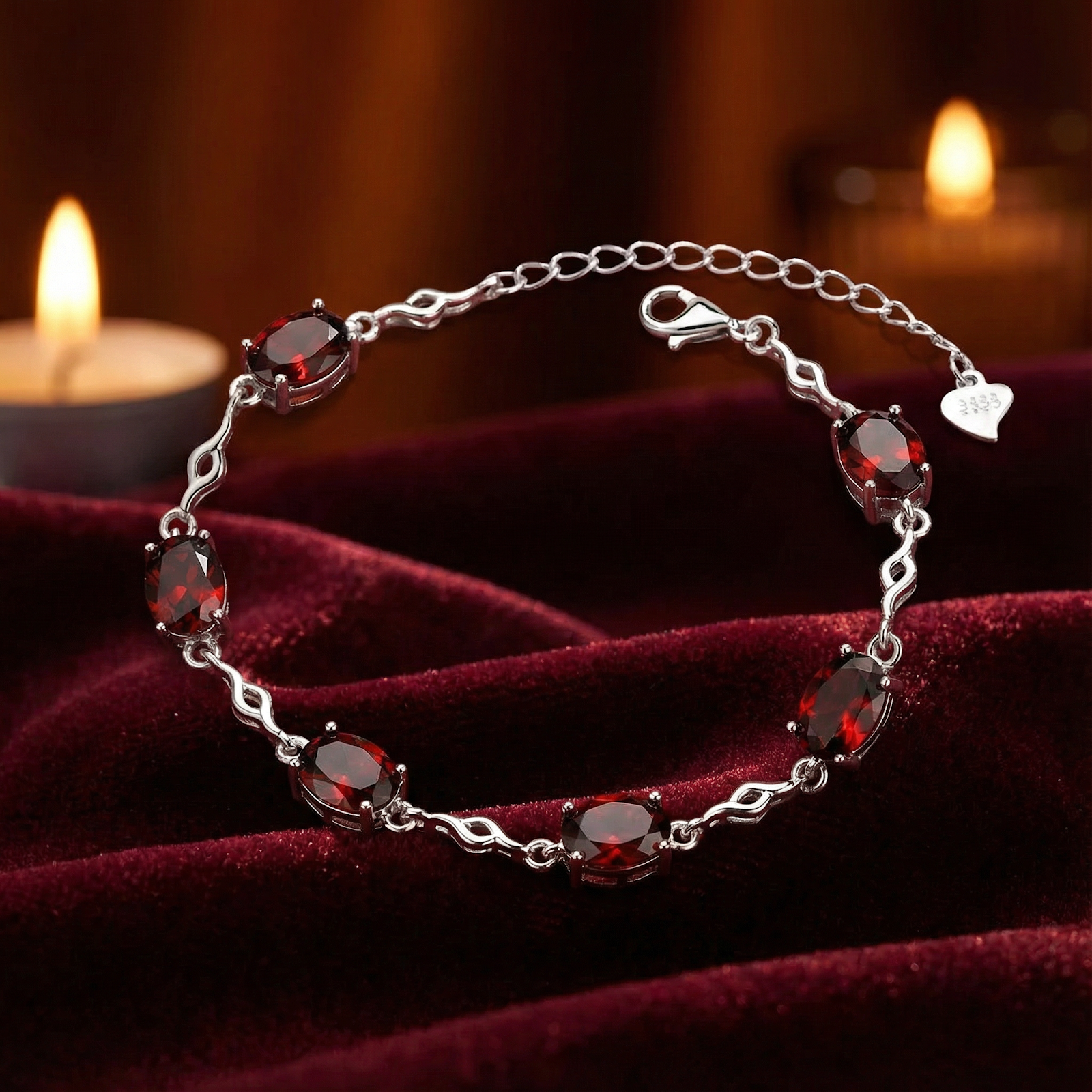 Valora S925 sterling silver station bracelet with oval-cut red simulated garnets on red velvet with candles.