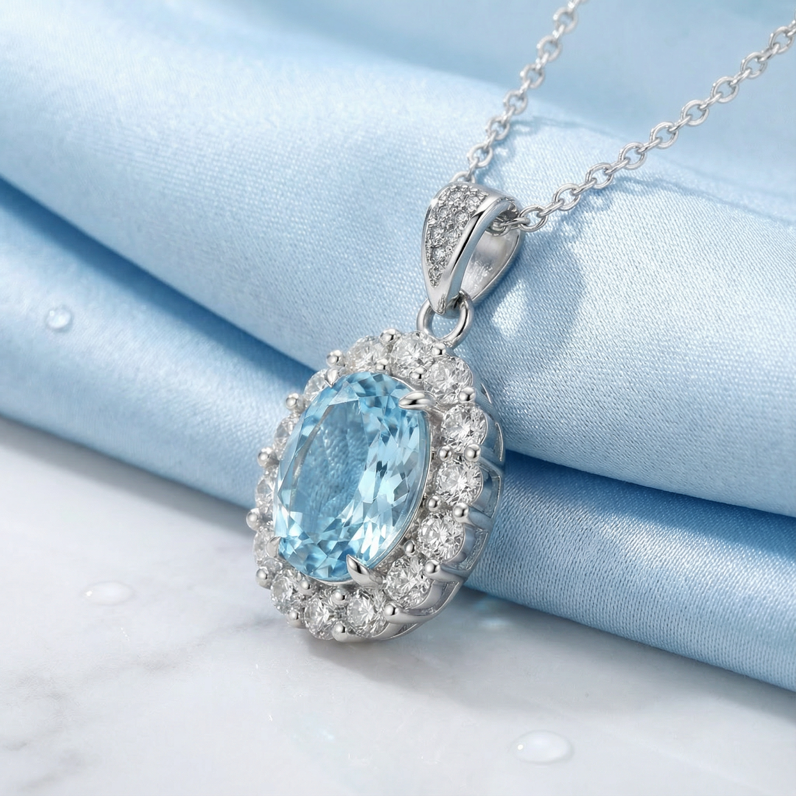 Close-up of an oval cut simulated aquamarine halo necklace in sterling silver on light blue silk and marble.