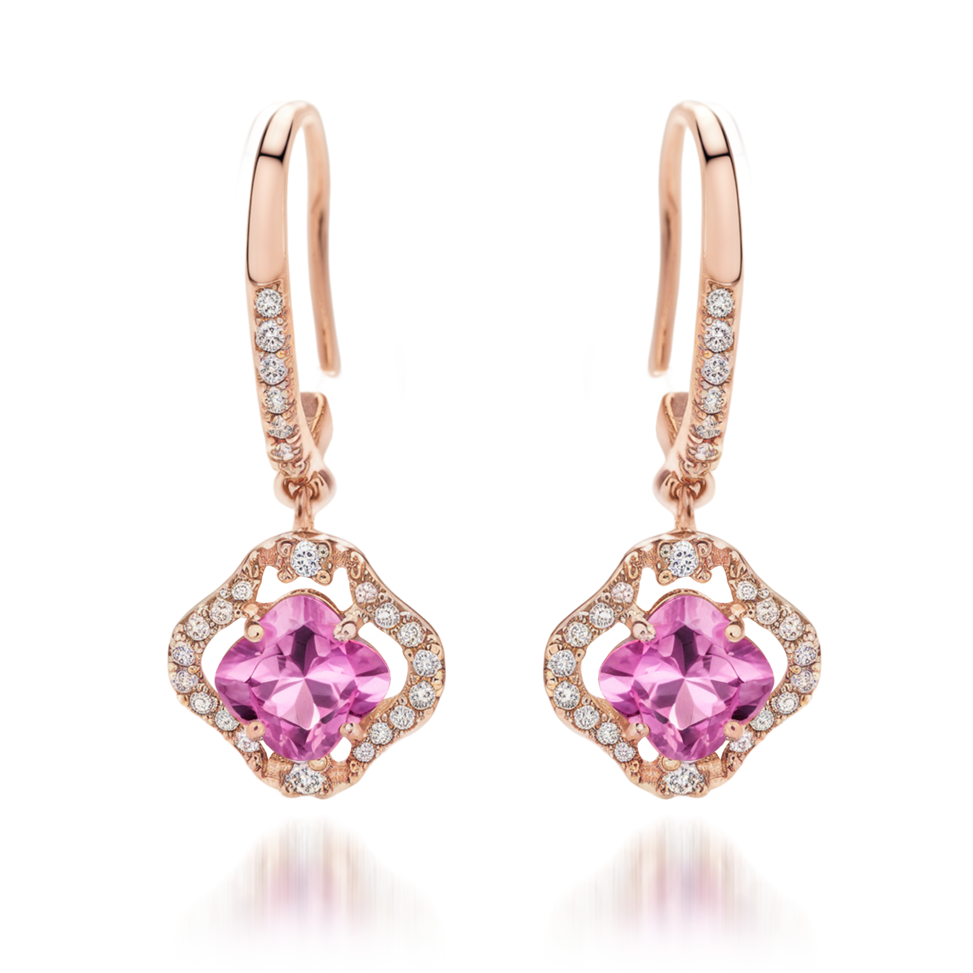 Boucles d'oreilles trèfle étincelant diamant rose