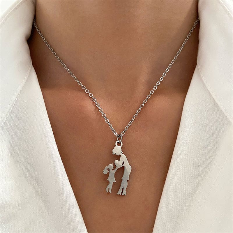 Joyful Mother and Two Children Pendant Necklace - Stainless Steel