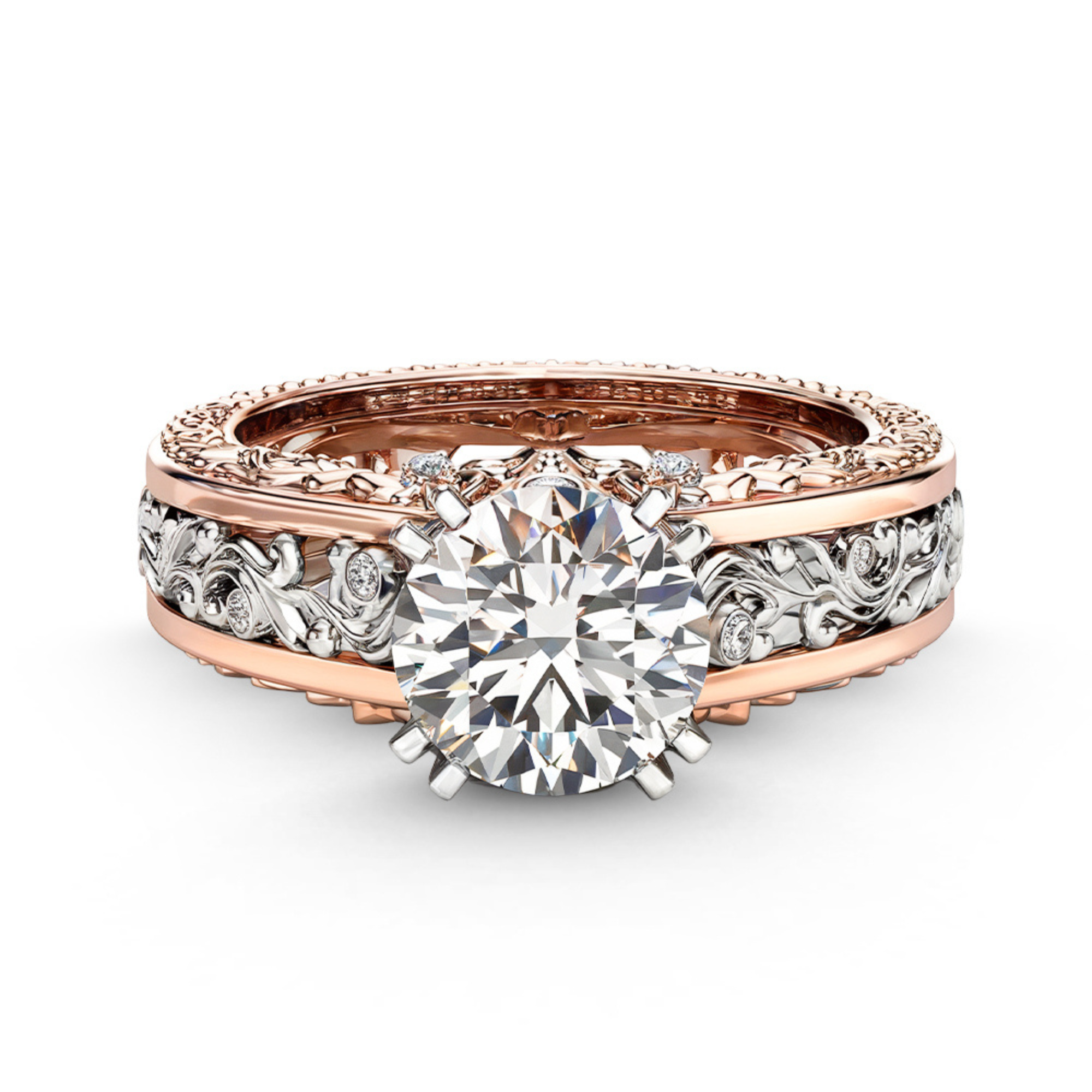 Bague vintage complexe avec diamant taille ronde