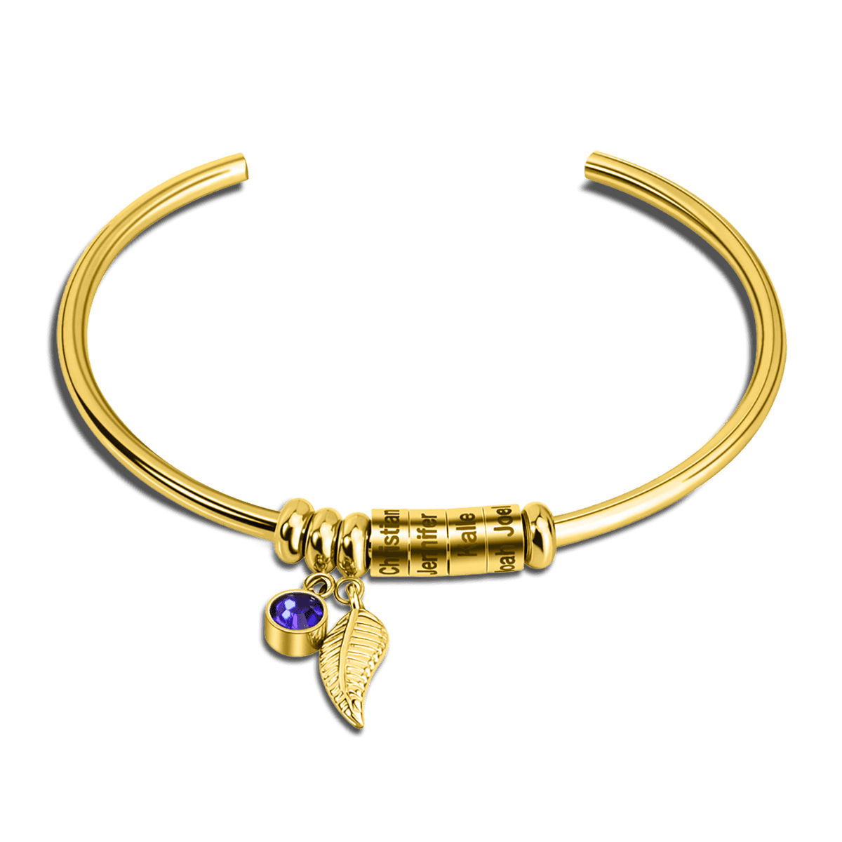 Bracelet jonc personnalisé avec pierres de naissance et noms de famille - Acier inoxydable