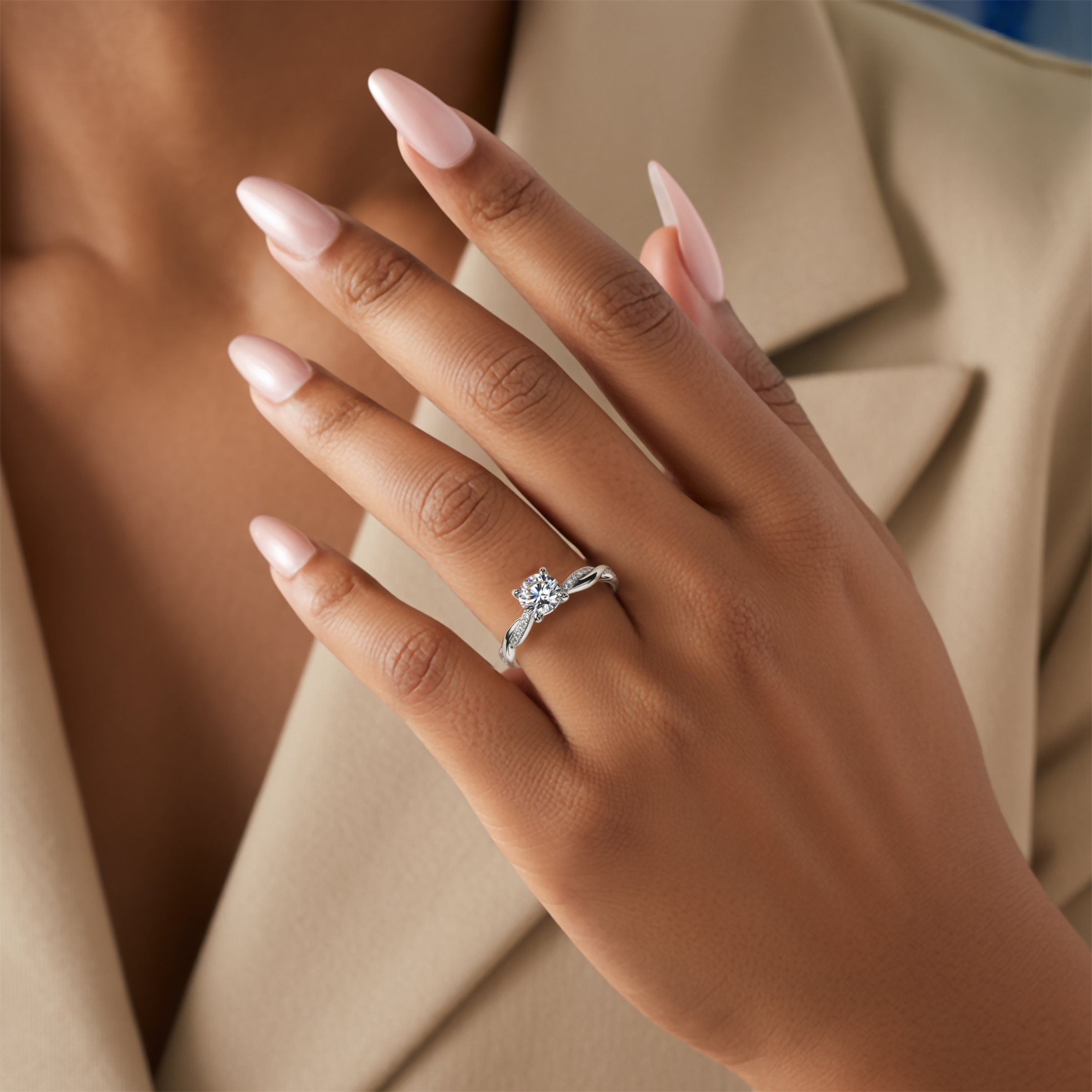 Bague Moissanite 1CT Ronde, Bande Torsadée