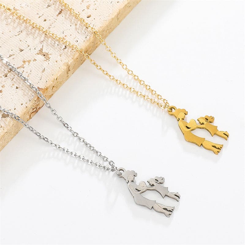 Joyful Mother and Two Children Pendant Necklace - Stainless Steel